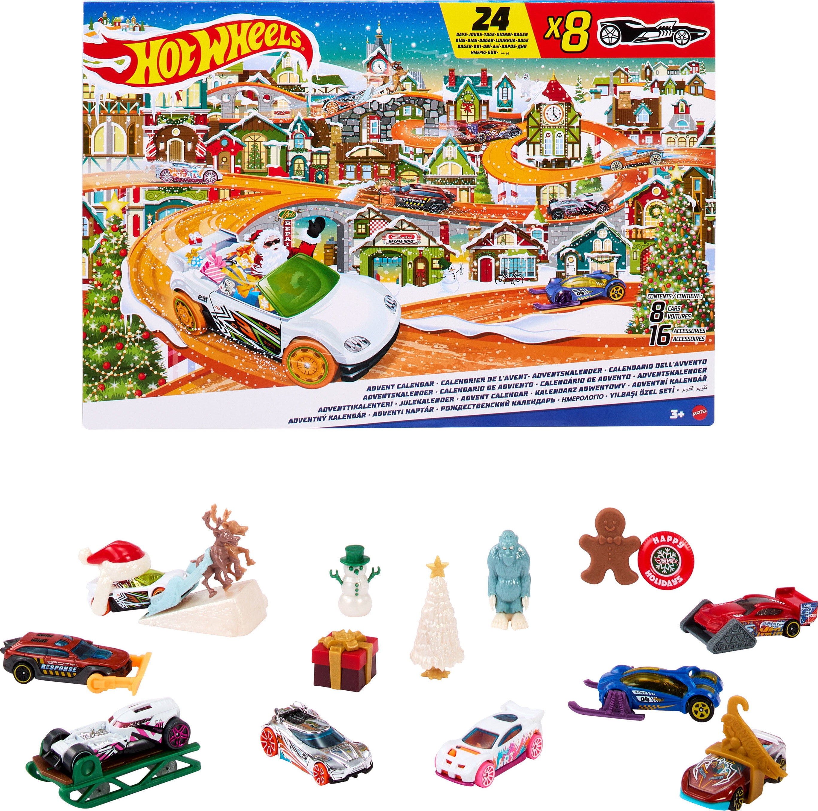 Hot Wheels Advent Calendar 2023 Holiday Gift Set with 8 Toy Cars and 16 Winter Accessories (24-Piece Set) 1prl8