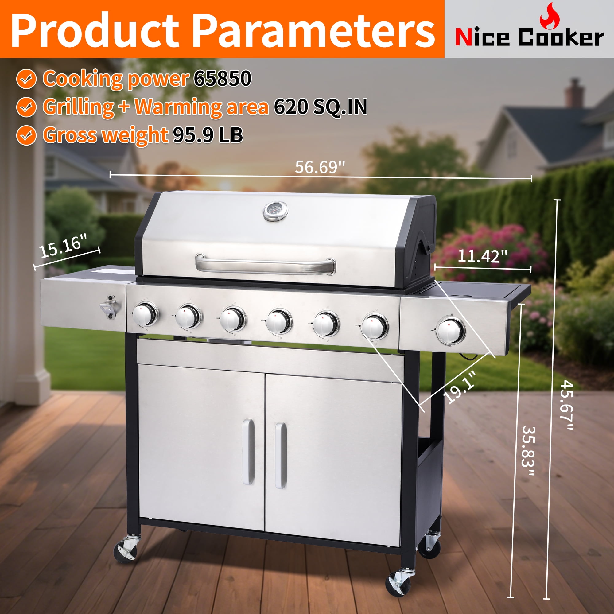 Nice Coker 6-Burner Propane Gas BBQ Grill with Side Burner (Silver, 620 sq. in.) a901x