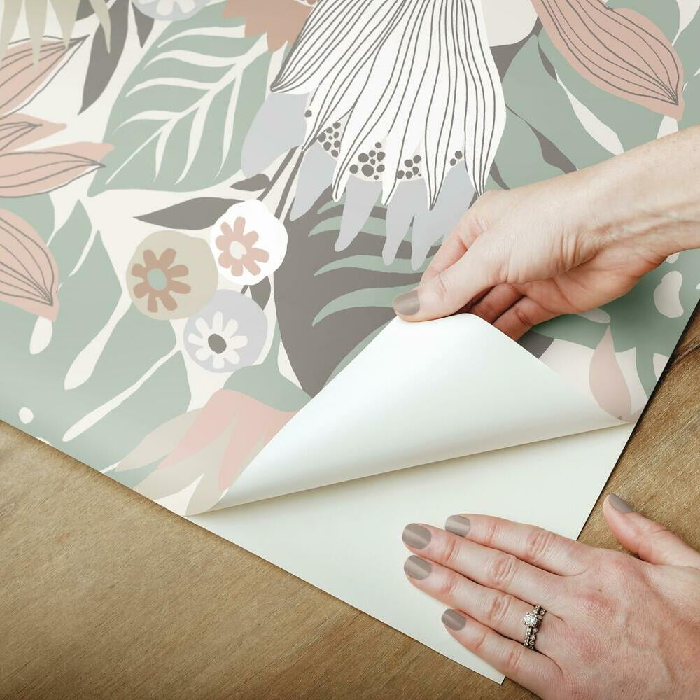 RoomMates Retro Tropical Leaves Peel and Stick Wallpaper (Pink, 20.5 in x 16.5 ft) jncuq