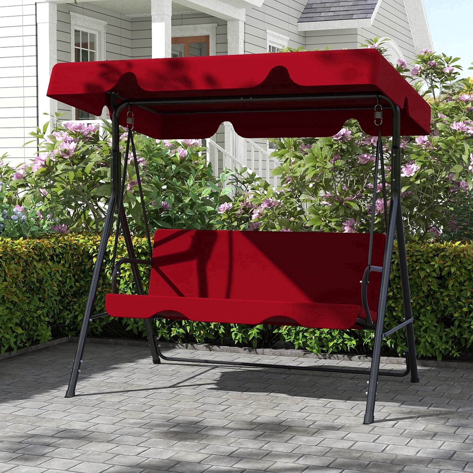 Skandiquip 3-Seater Outdoor Porch Swing with Adjustable Canopy, Heavy-Duty Steel Patio Glider (Red, 500 lb Capacity) gwyjv