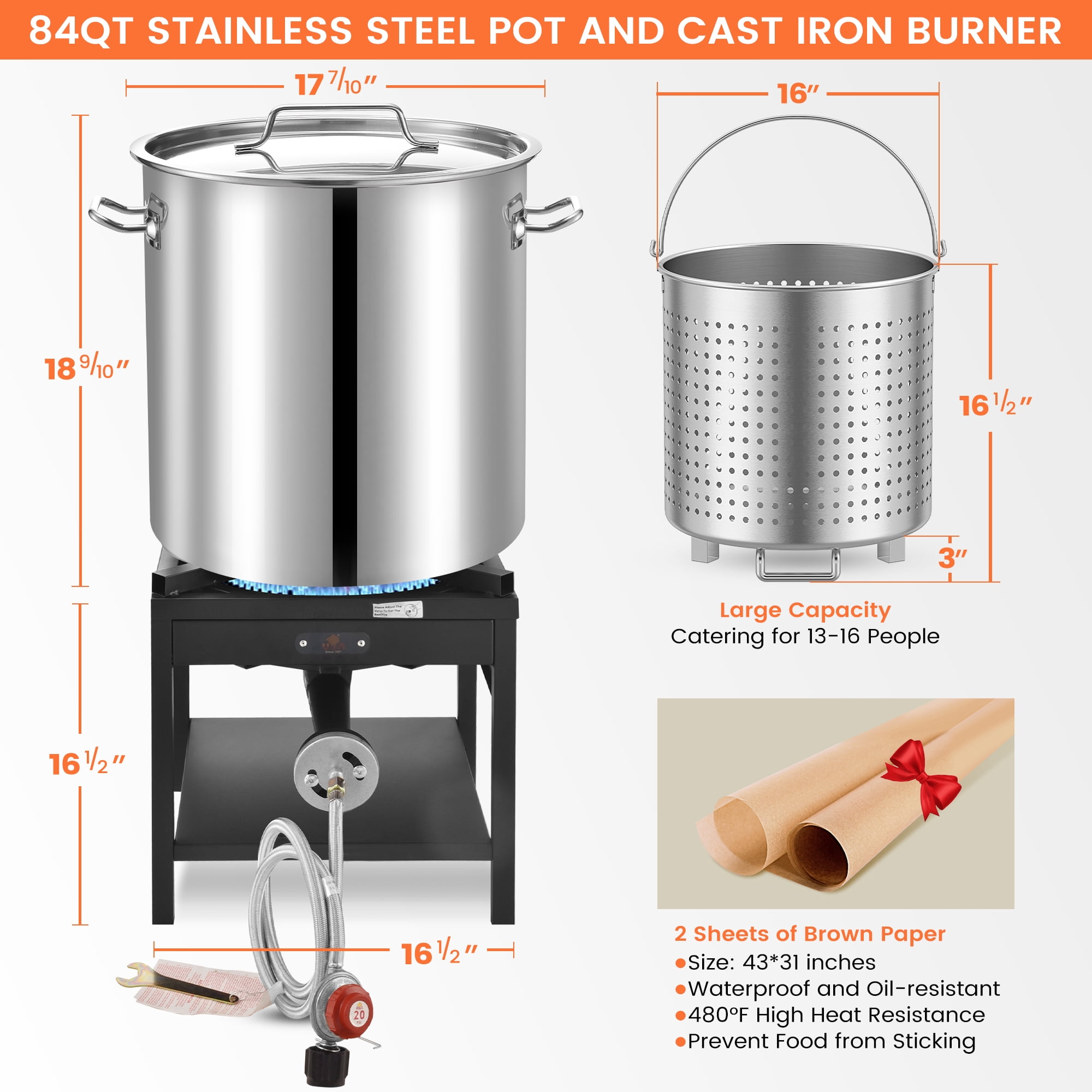 ARC USA 84QT Stainless Steel Seafood Boiling Kit with 200,000BTU Propane Burner and Strainer (Silver, 84QT) td0mz
