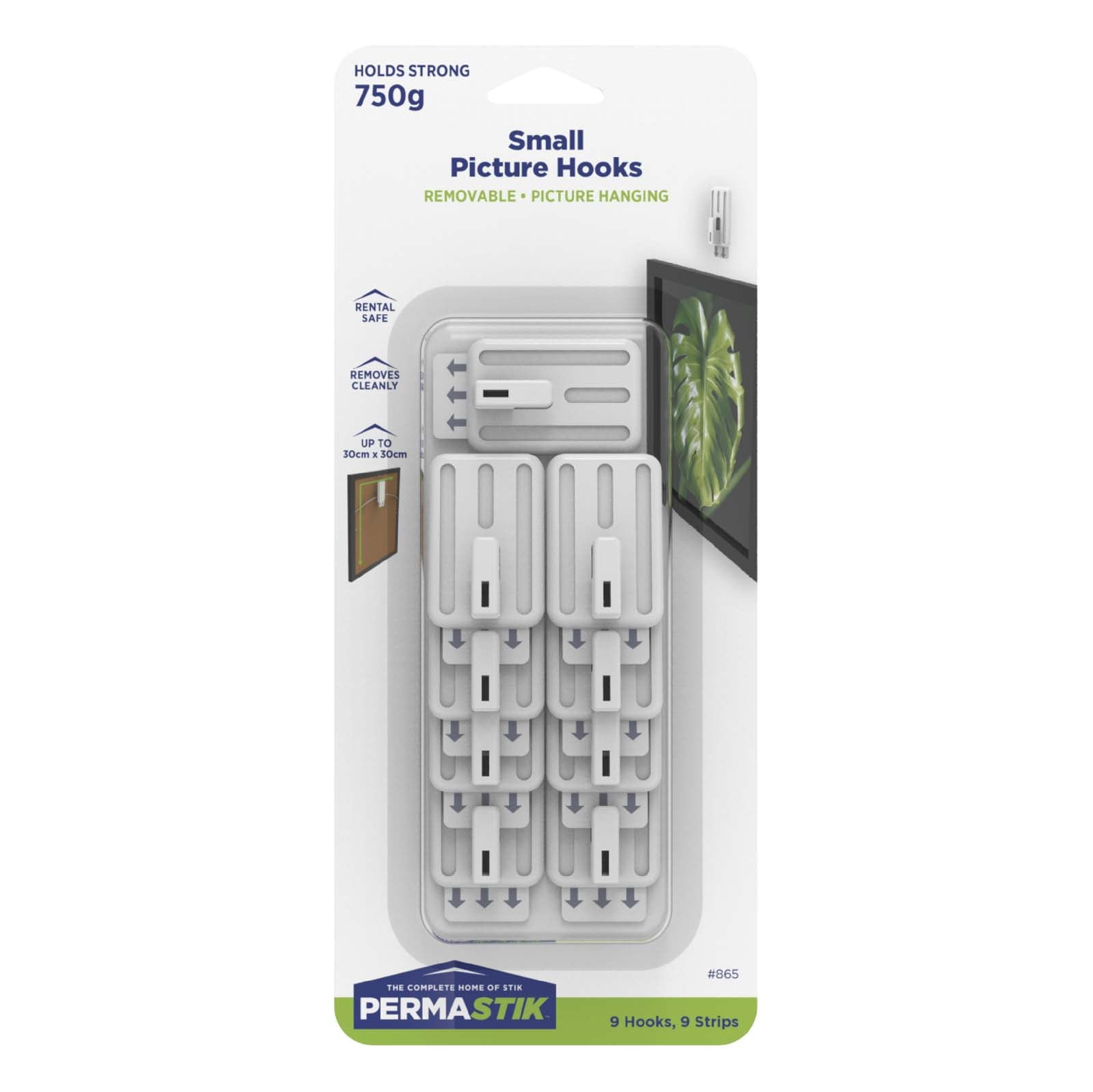 Permastik Small Adhesive Picture Hooks, Rental Safe Wall Hangers (White, 9 Pack) 9uy8p
