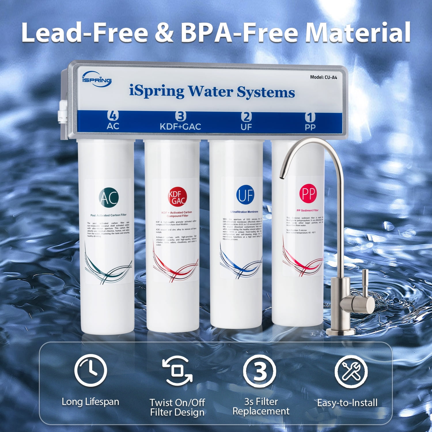 iSpring 4-Stage Under Sink Ultra-Filtration System (White, 0.01 Micron) with Brushed Nickel Faucet rozjq