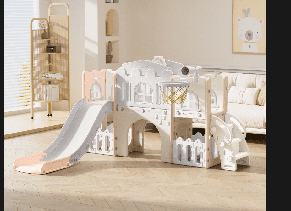Strundghti 8-in-1 Toddler Indoor Playground Slide Set with Basketball Hoop and Crawling Tunnel (Grey) hl5e7