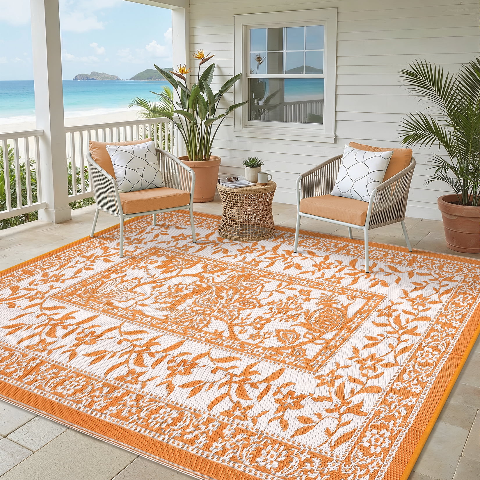 NANAN Outdoor Rug, Waterproof Plastic Straw Patio Mat, Botanical Floral Pattern for Deck Beach RV (Orange White, 8 ft x 10 ft) 542lf