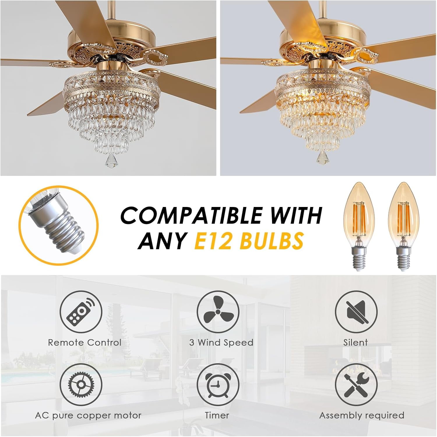 Yiosi 52 in Crystal Chandelier Ceiling Fan with Remote Control, 3-Speed AC Motor, Farmhouse Lighting for Living Room (Gold, 52 in) zuq47