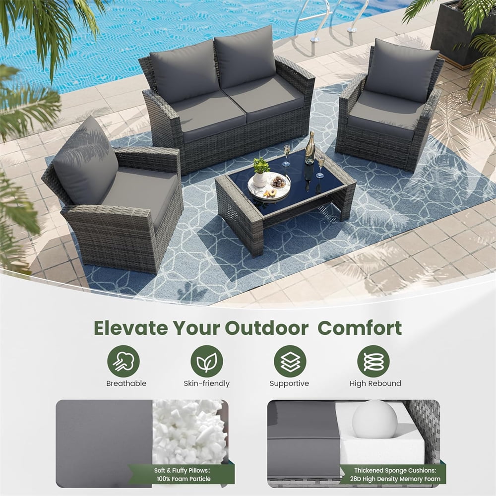 Aminy 4-Piece Patio Conversation Set, Outdoor Rattan Wicker Sofa Furniture with Cushions and Coffee Table (Gray, 4-Piece Set) llmlh