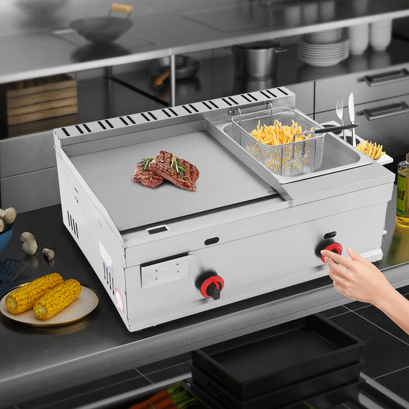 Generic Commercial Gas Propane Flat Top Grill Griddle with Deep Fryer (Silver, 1.59 gal Oil Capacity) 2m6r3