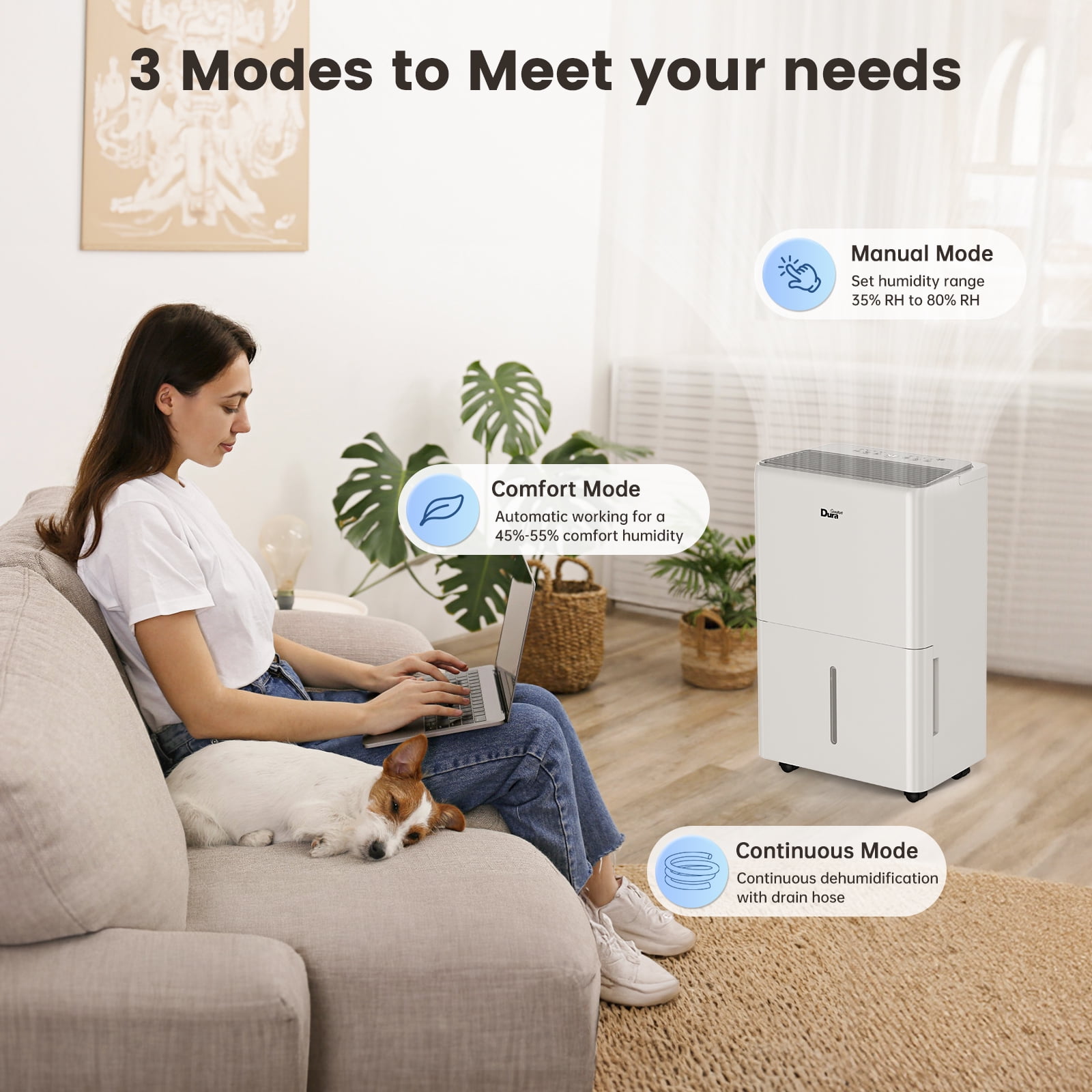 DuraComfort 50 Pint Dehumidifier for 4500 sq ft Basement and Large Rooms, Portable with Drain Hose (White, 50 Pint) qal67