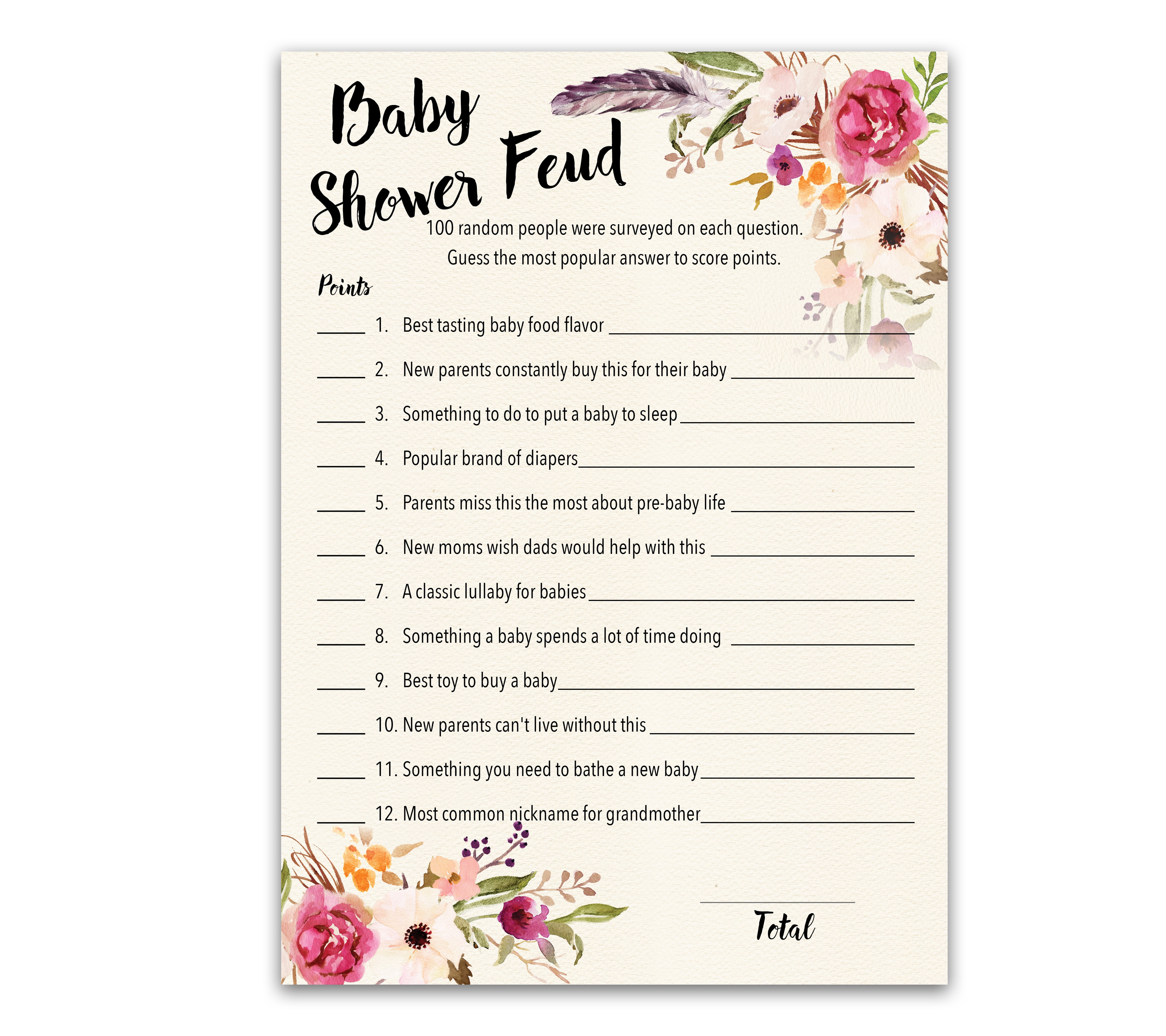 Roseum Collections Boho Baby Shower Feud Game Cards (Pink Floral, 25 Pack, 5 in x 7 in) 5h6tv
