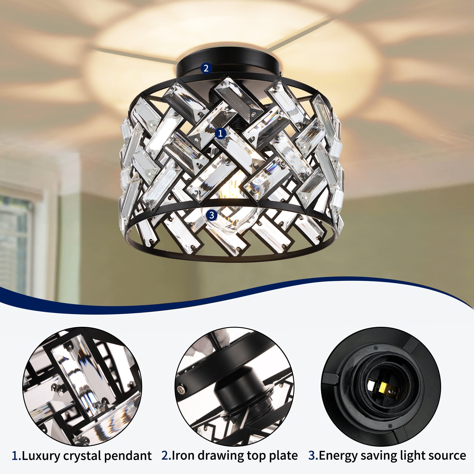 FRIDEKO HOME Modern Crystal Semi Flush Mount Ceiling Light, Black Metal Drum Fixture for Hallway and Bathroom (8.86 in) 1f0g1