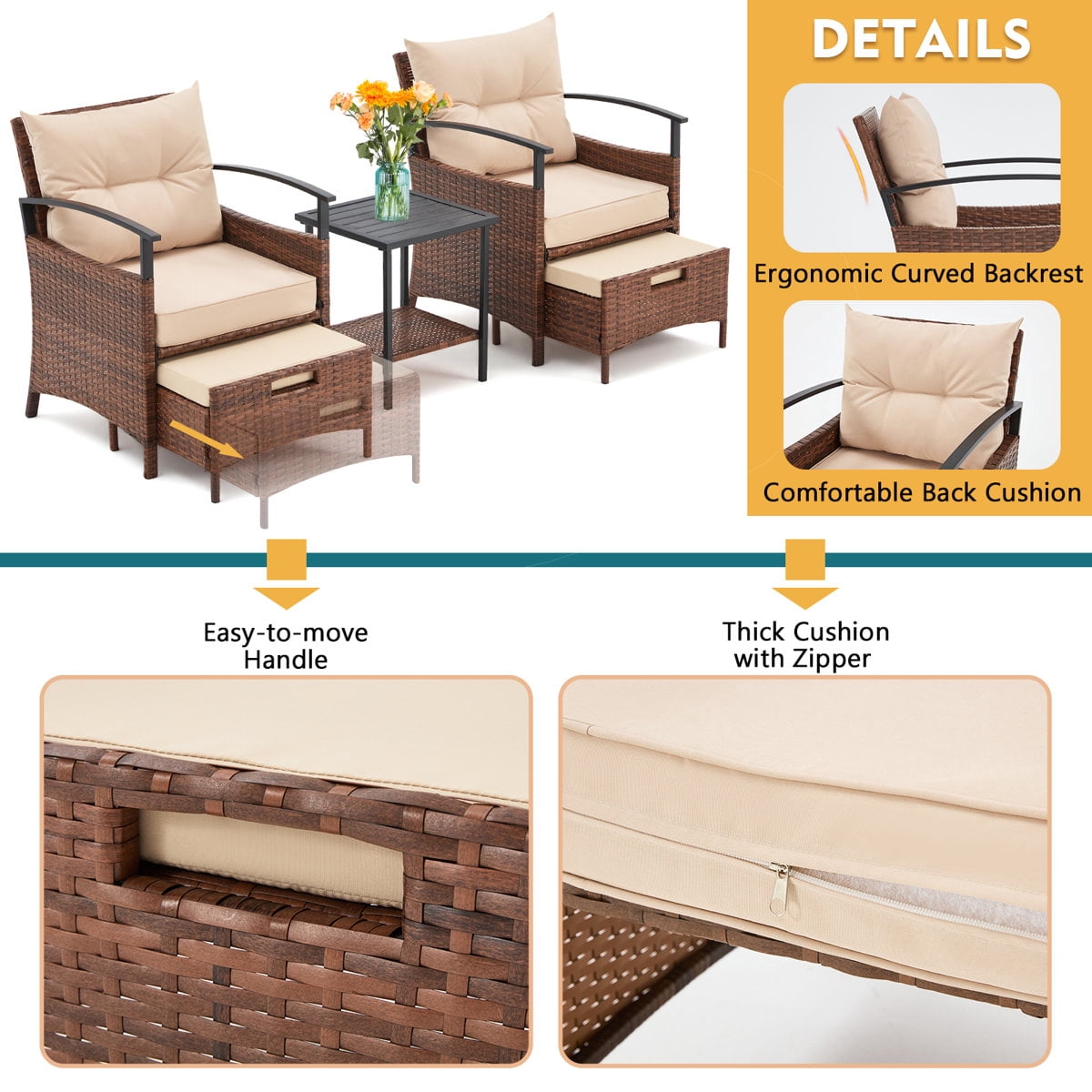 U-HOMY 2-Person Patio Conversation Set with Cushions and Footrests (Beige, 2-Piece) dj4yk