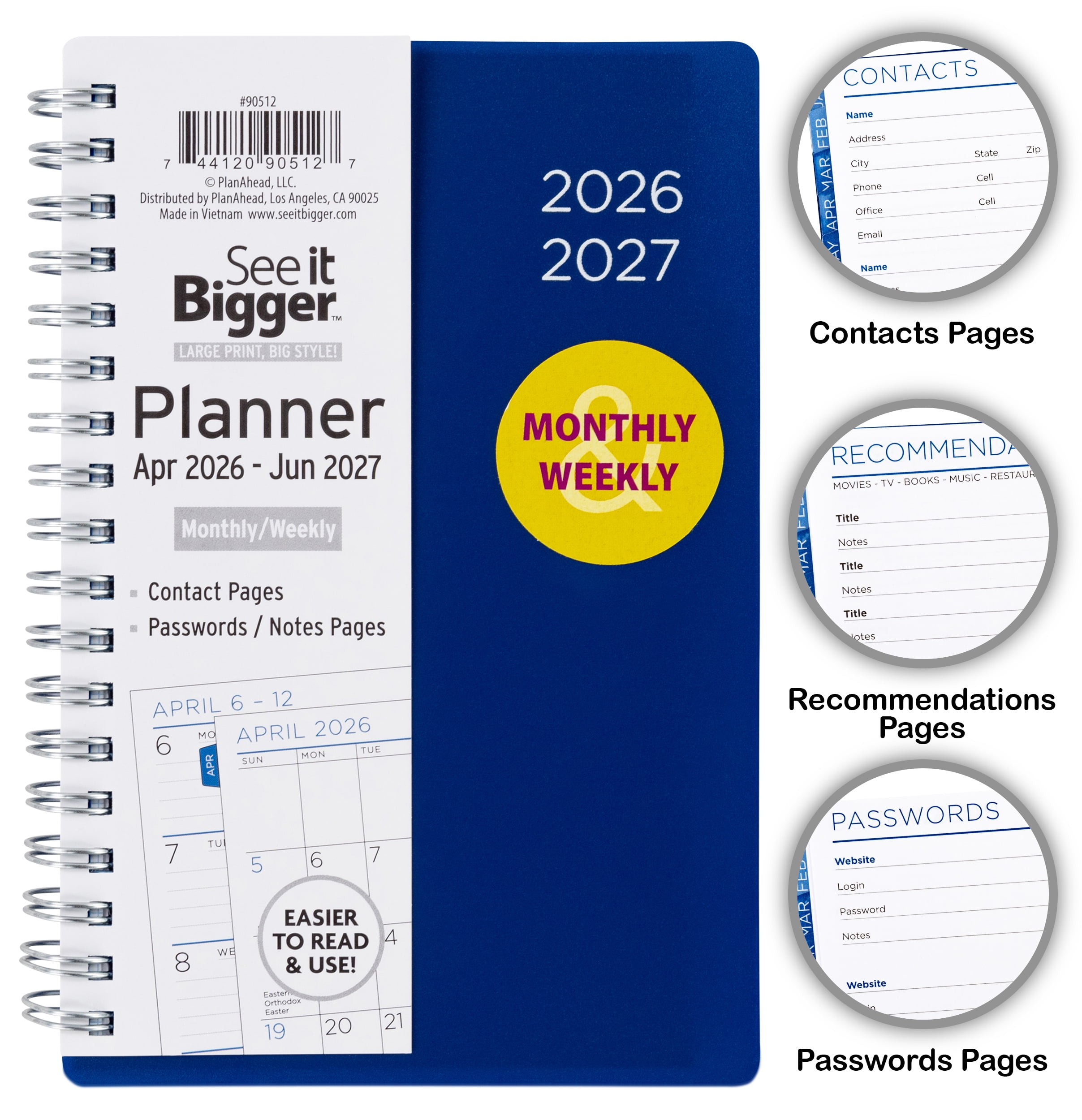 SEE IT BIGGER Monthly Weekly Planner, Large Print Planning System, Durable Softcover (Blue, 4.25 in x 6.5 in) uoh8f
