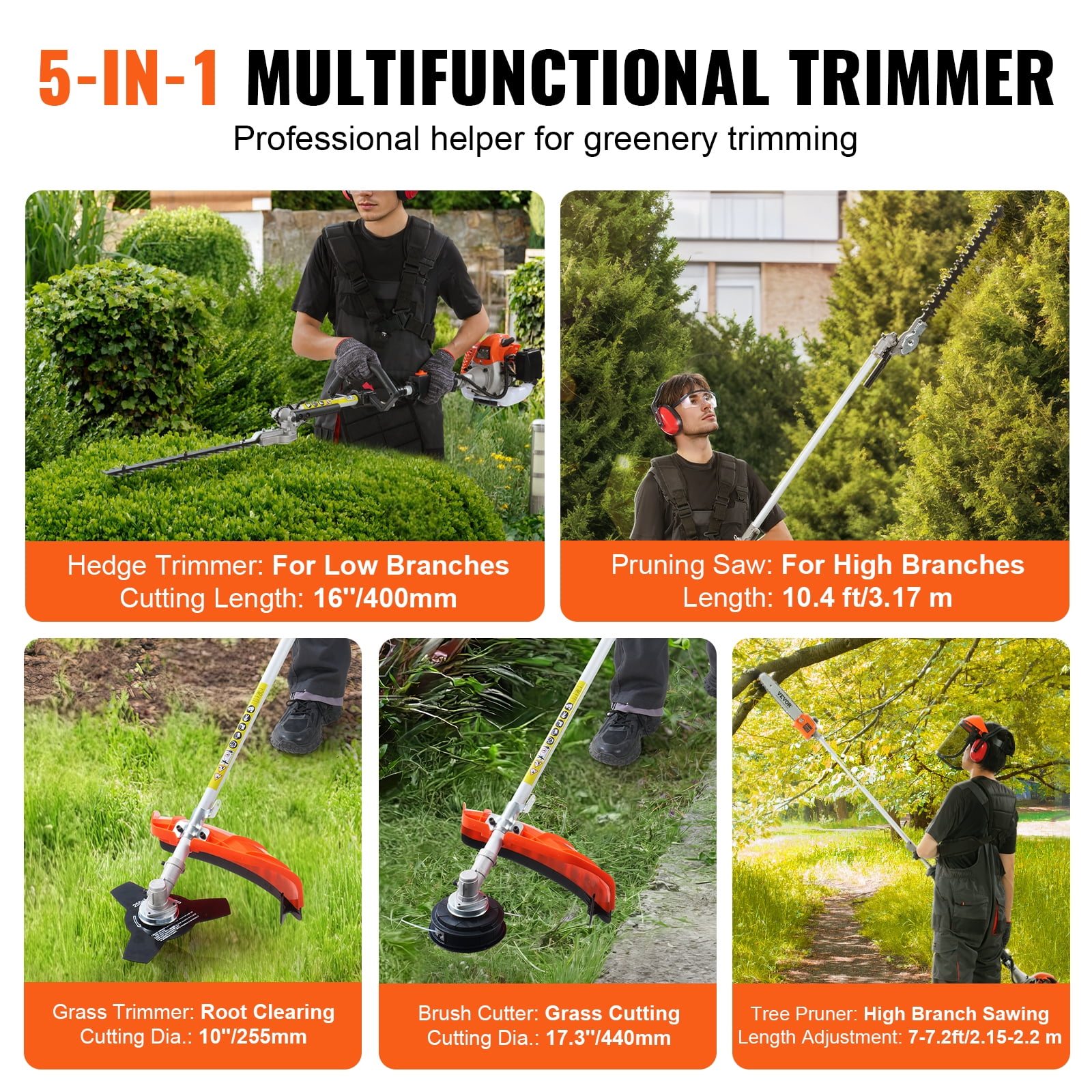 VEVOR 26CC 5-in-1 Gas Multi-Tool System, Hedge Trimmer, Pole Saw, String Trimmer, Edger, and Brush Cutter (1 Unit) b7yo3