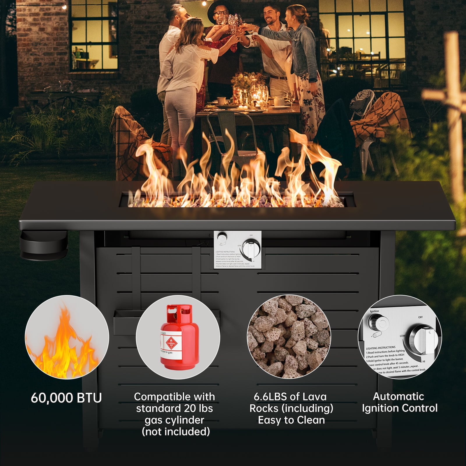 KingChii 45 in Propane Fire Pit Table with Lid and Lava Stone, 60,000 BTU Steel Gas Fire Pit for Outdoor Patio (Black, 45 in) dbp4b