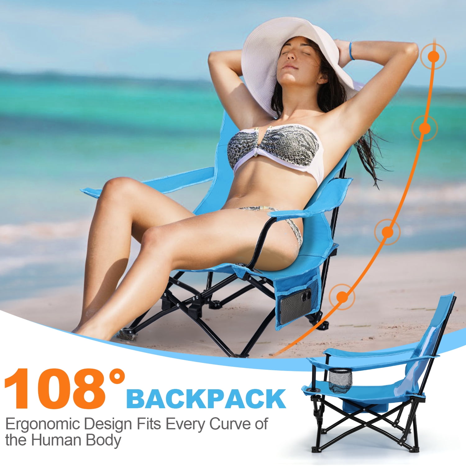 Coliware Folding Backpack Beach Chair, Heavy-Duty Portable Camping Chair with Cup Holder (Blue, 17.5 x 17.7 x 26.2 in) 21um3