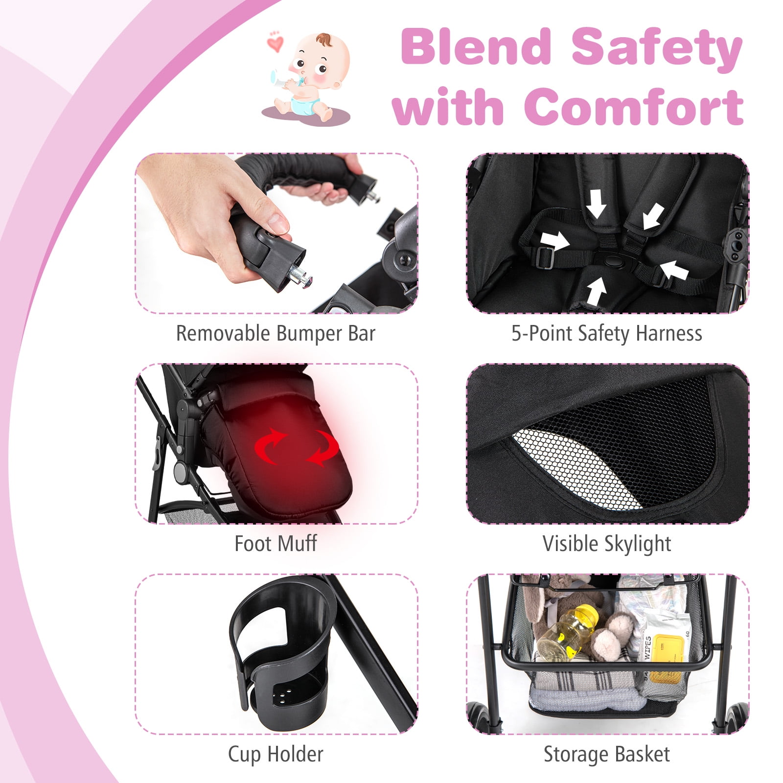Costway 2-in-1 Foldable Baby Stroller Travel Pushchair with Adjustable Backrest (Black, 22 lb) 21eds