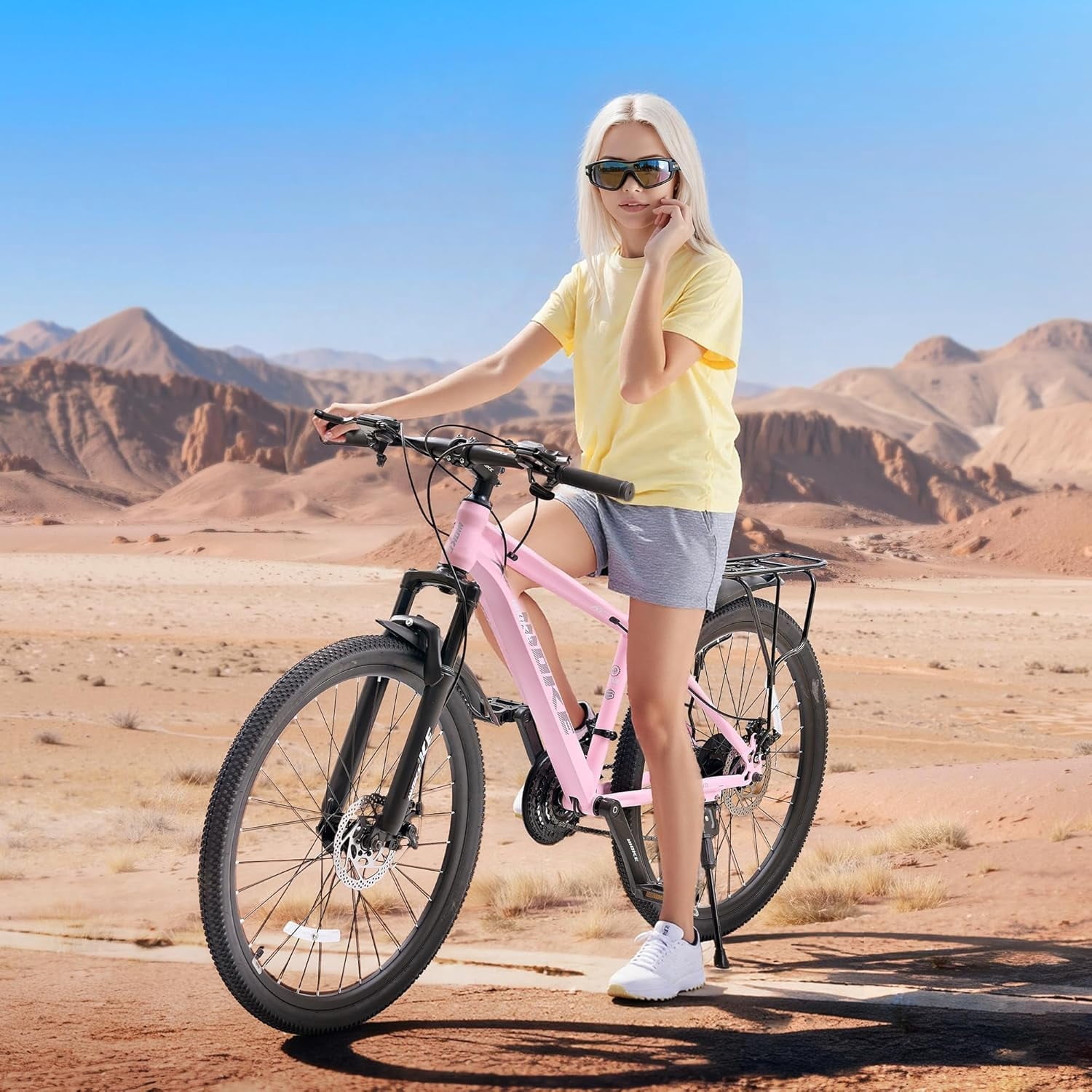 NEORIVERE Women's Mountain Bike, 21-Speed Trail Bicycle with Suspension Fork and Dual Disc Brakes (Pink, 24 in) 73nl5