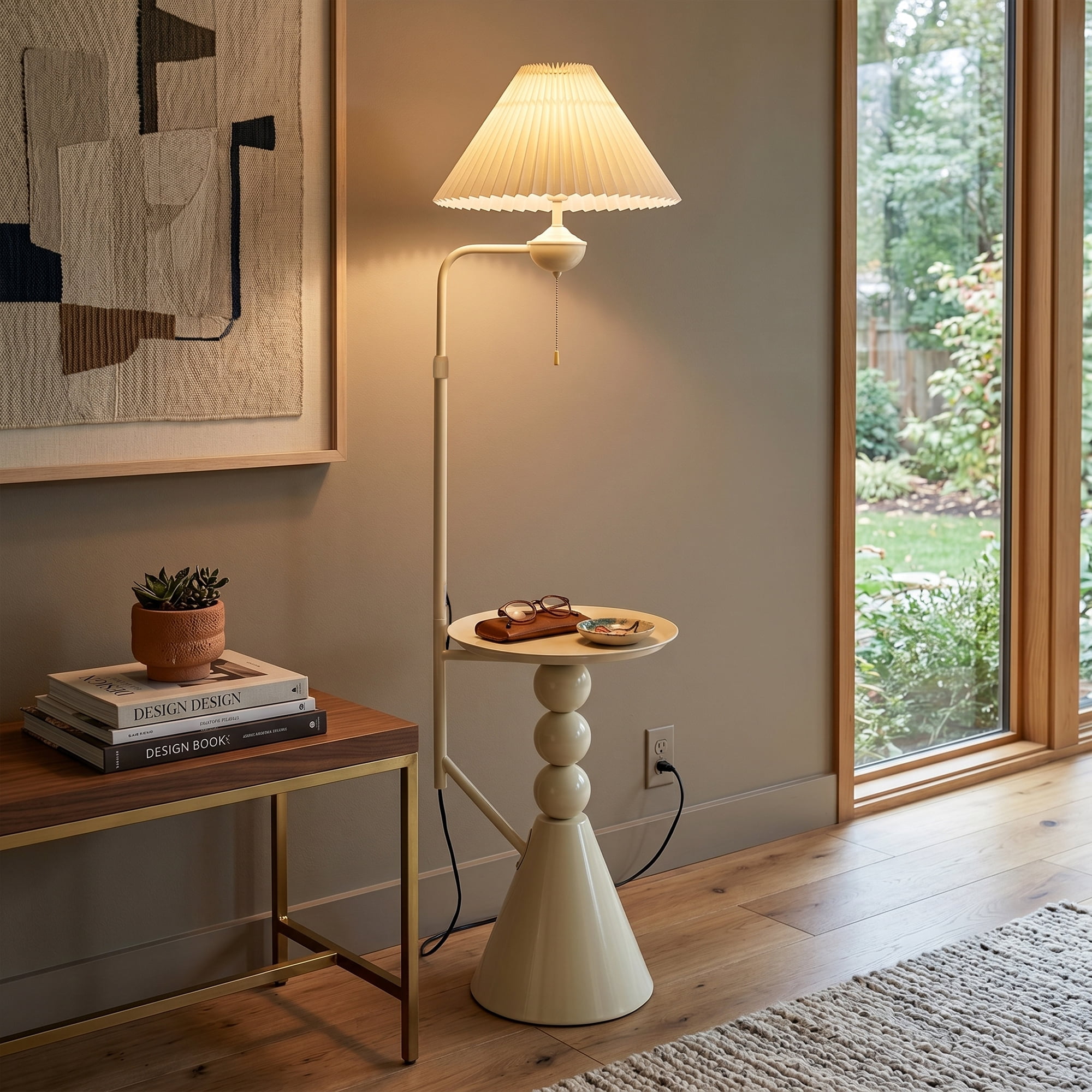 AFANQI Nordic Minimalist Floor Lamp with Integrated Side Table (Cream, 70 in Height) 7z7qk