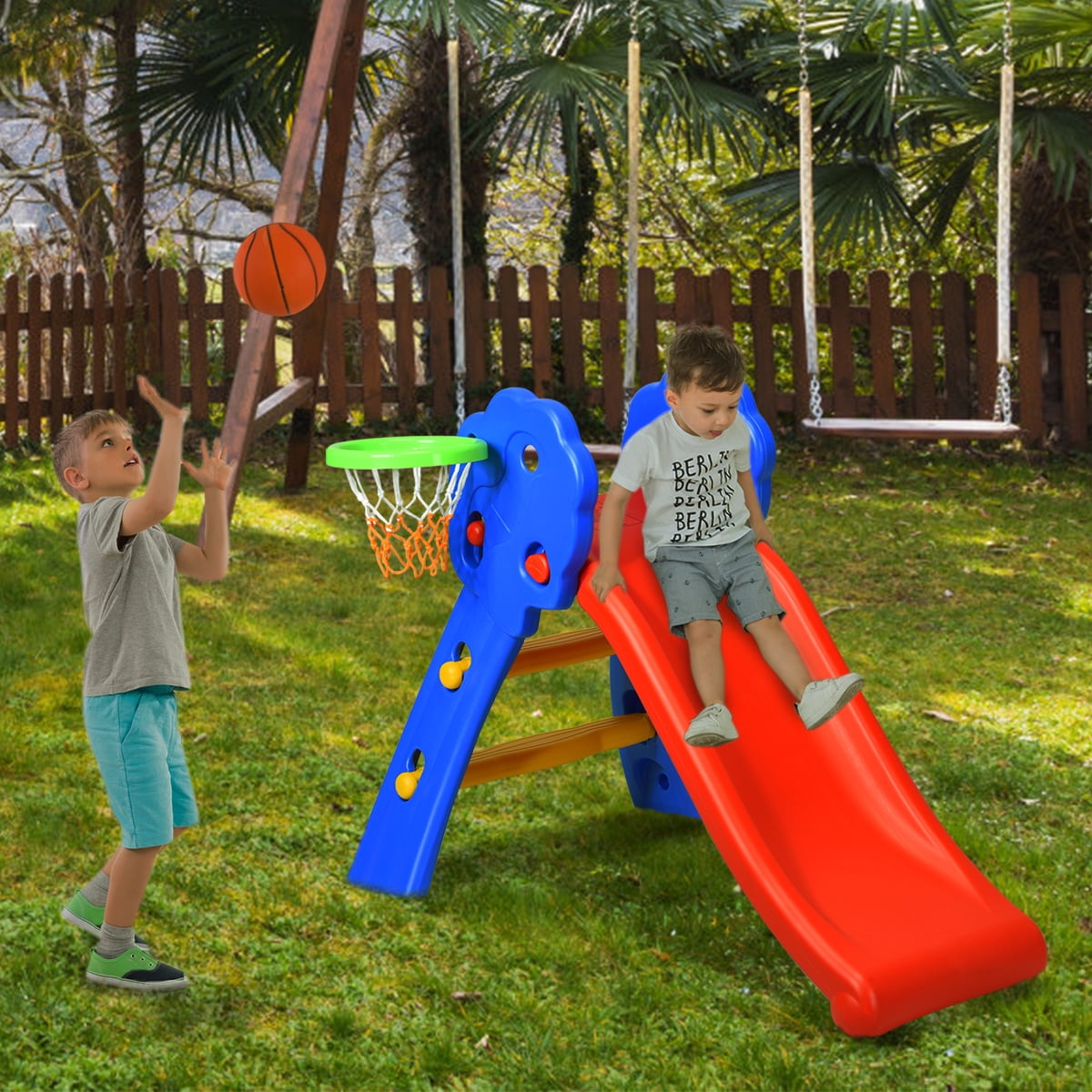 INFANS 2-Step Folding Slide with Basketball Hoop for Kids Indoor and Outdoor Play (Red) 39kw0