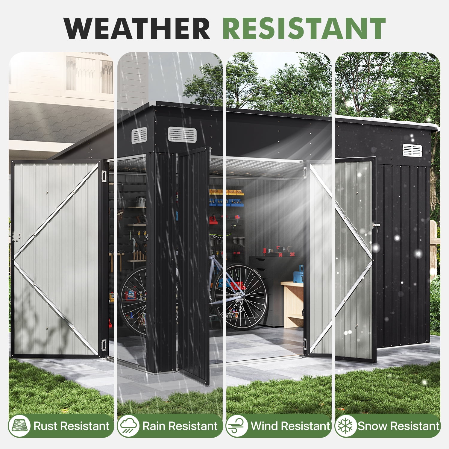CLOUDDWELL Galvanized Steel Storage Shed with Triple Doors (Black, 9.5x7.4 ft) qlxv8