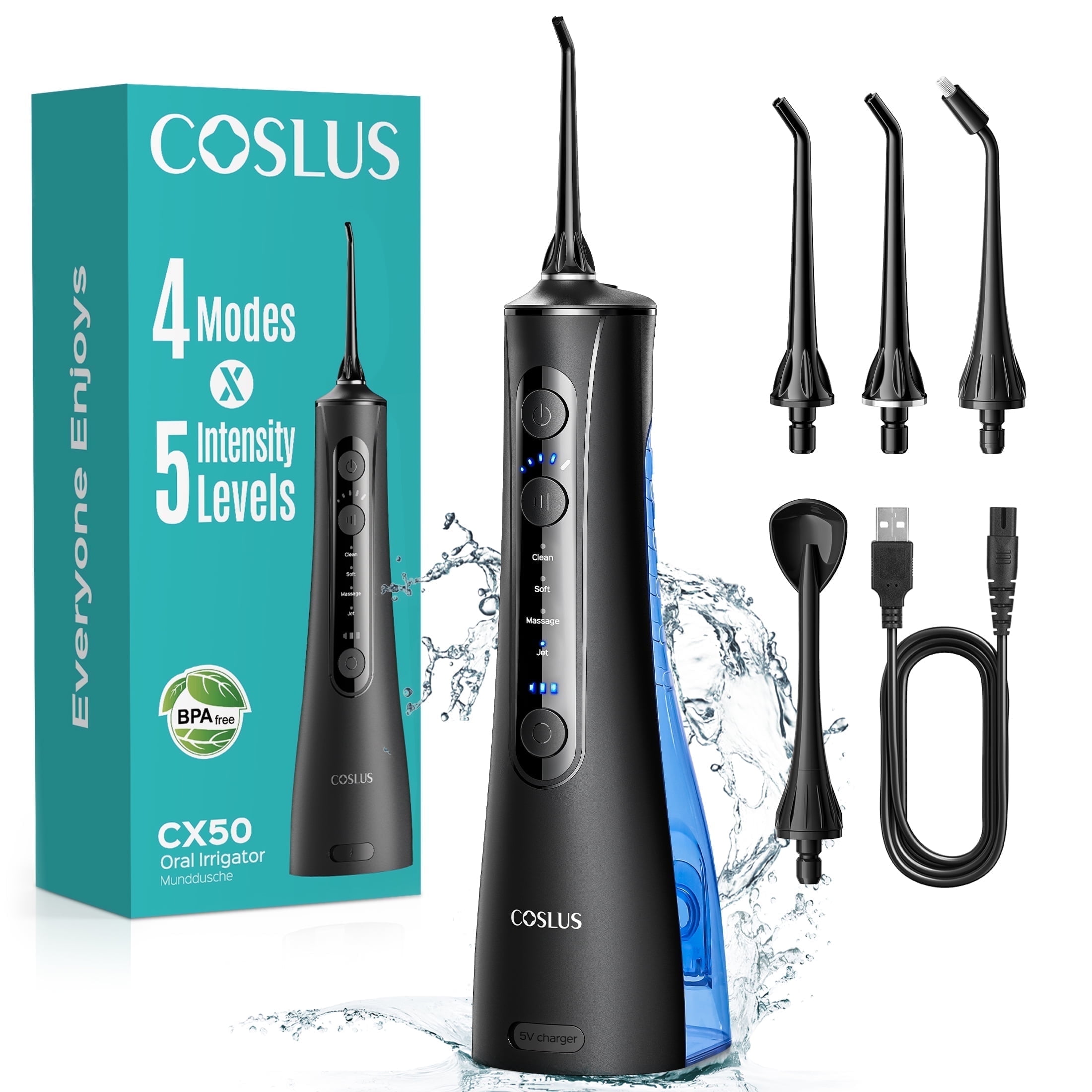 COSLUS CX50 Cordless Water Dental Flosser, Professional Oral Irrigator with 4 Modes and 5 Intensities (Black, 9.13 fl oz) 5g10z