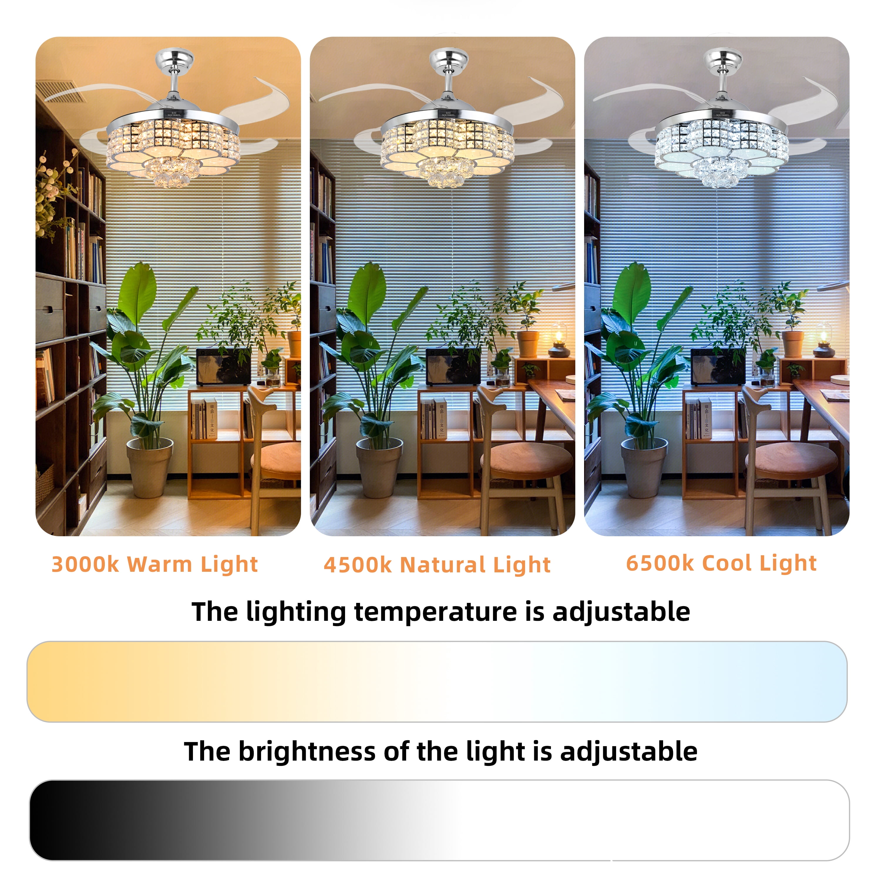 BAYSQUIRREL Retractable Crystal Ceiling Fan with RGB LED Light, Bluetooth Speaker, Remote & APP Control (6 Speeds, 42 in) 34zws