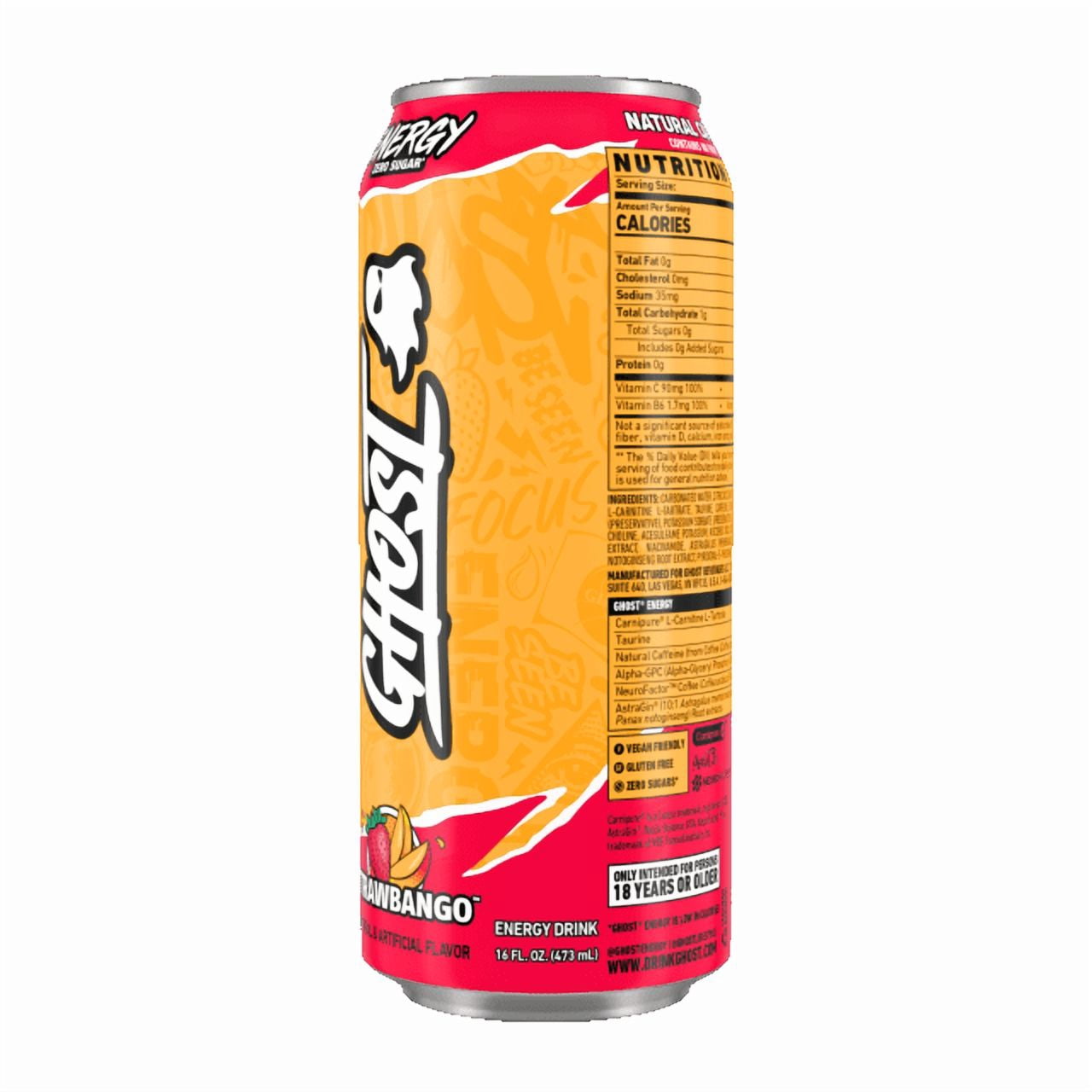 GHOST Energy Drink, Zero Sugar Performance Beverage, Strawbango Flavor (16 fl oz) 173zn