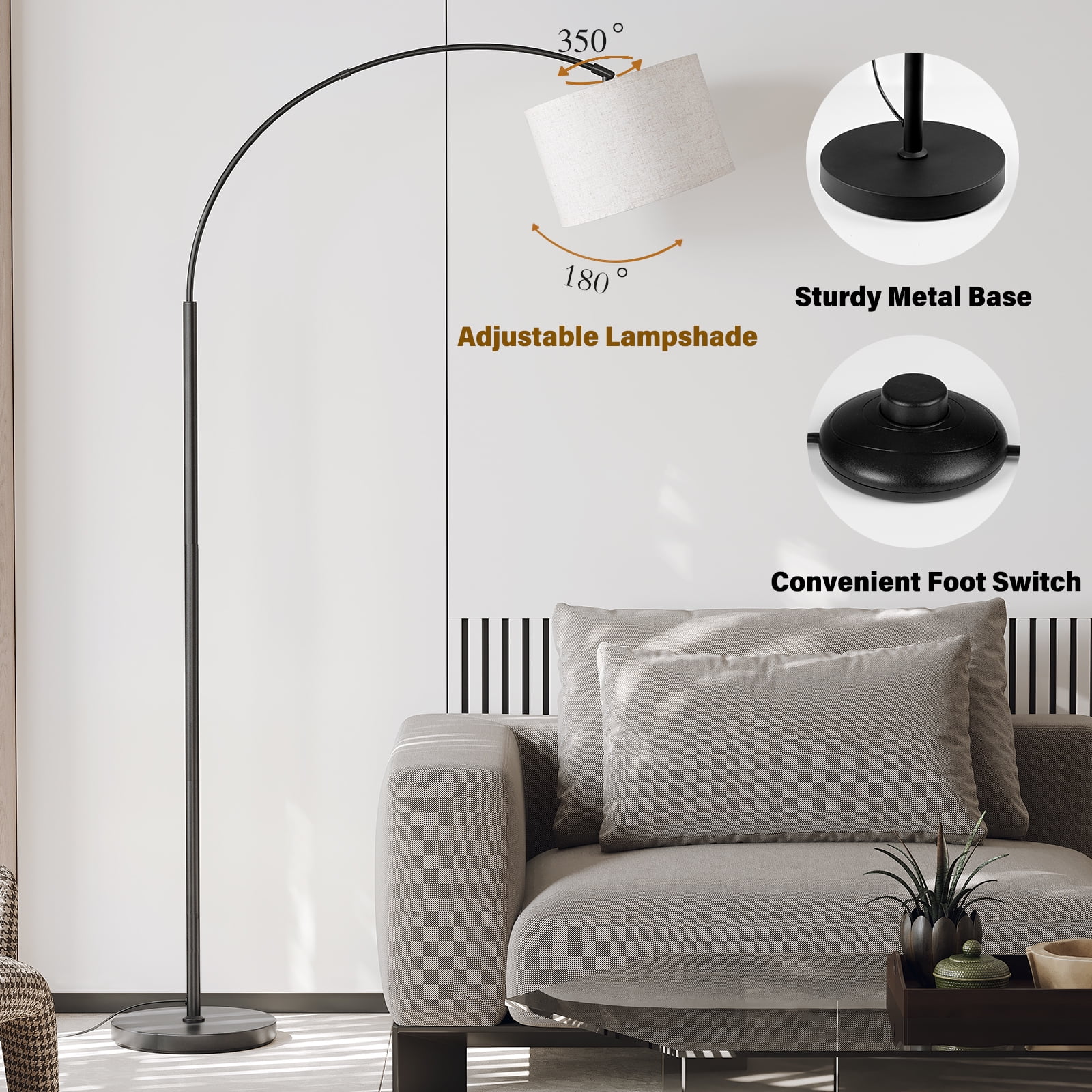SUNMORY 75 in Arc Floor Lamp, Modern Standing Lamp with 3-Color Temperature LED Bulb, Adjustable Linen Shade & Weighted Base (75 in) iroey