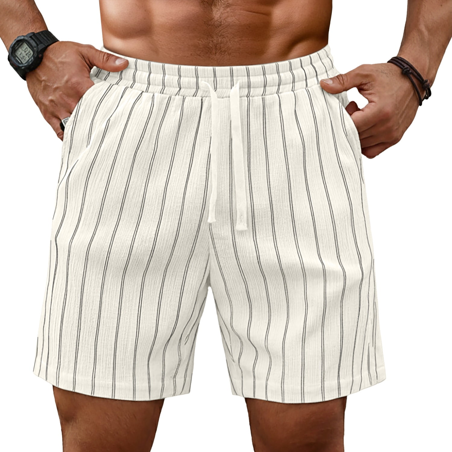 GIRUNS Mens Casual Striped Shorts Lightweight Beach Drawstring Elastic Waist with Pockets (White, L) z5k86