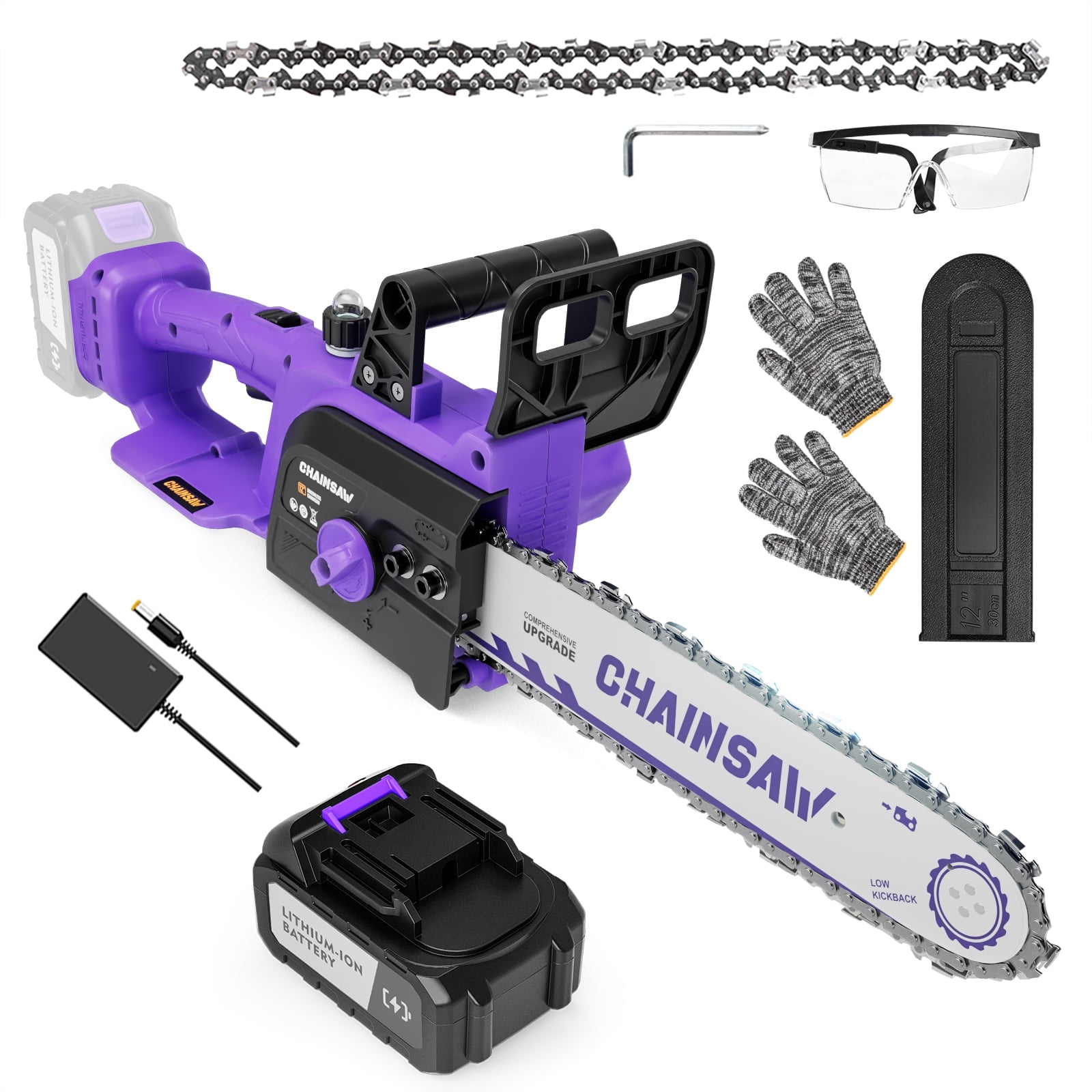 Vetoper 12-Inch Cordless Electric Chainsaw, Brushless Motor Handheld Wood Cutting Saw (20V, 4.0Ah Battery) p06kk