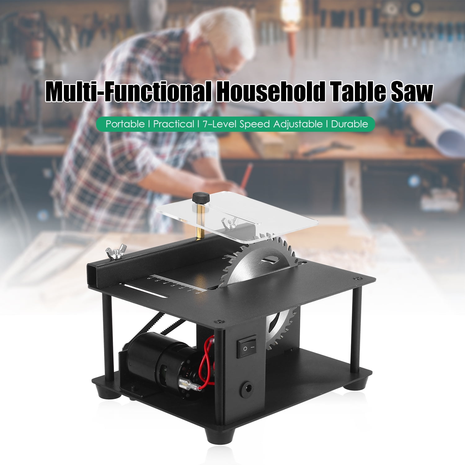 Cacagoo Mini Table Saw 200W Electric Woodworking Tool with Adjustable Speed and 1.38 in Cutting Depth (Black, 7.48 x 6.49 x 3.93 in) ukluu