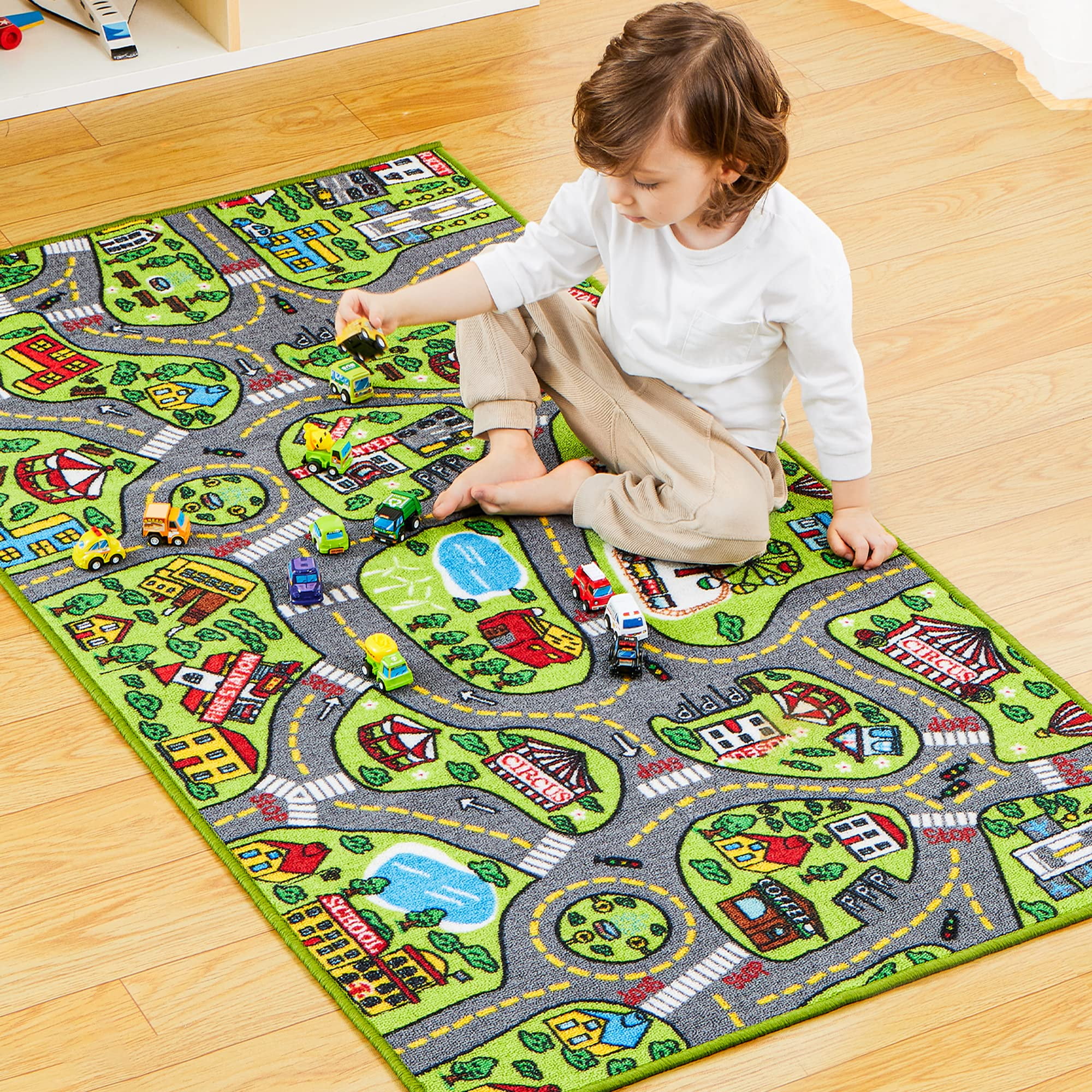 Joyfy City Theme Playmat Rug with 12 Mini Friction-Powered Vehicles (Multicolor, 58.5 in x 31.5 in) mfykd