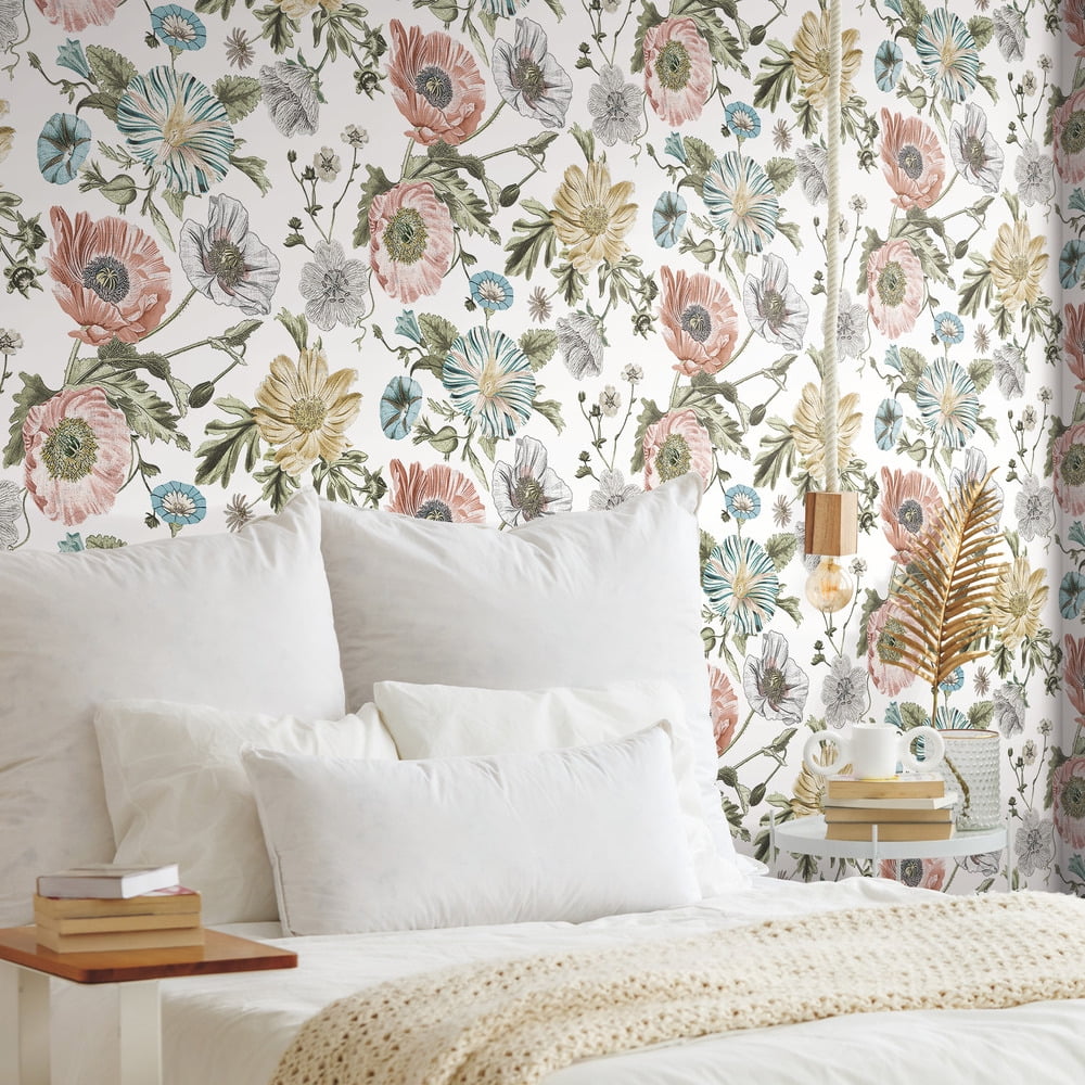 RoomMates Vintage Poppy Peel & Stick Wallpaper Removable Floral Wall Decor (Pink, 30.75 sq ft) loo51
