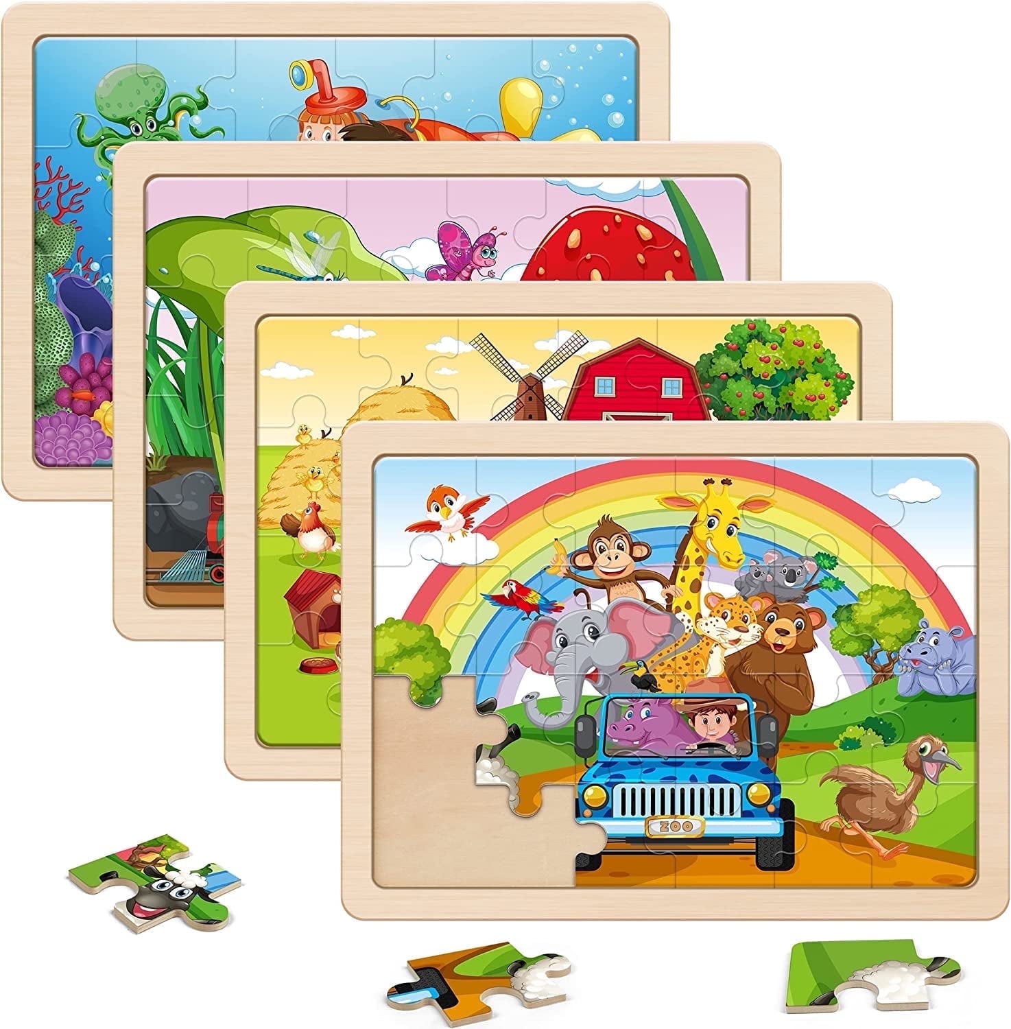 SYNARRY Wooden Animal Jigsaw Puzzle Set, Educational Preschool Learning Toy (4-in-1 Gift Box, 96 Total Pieces) ku3df