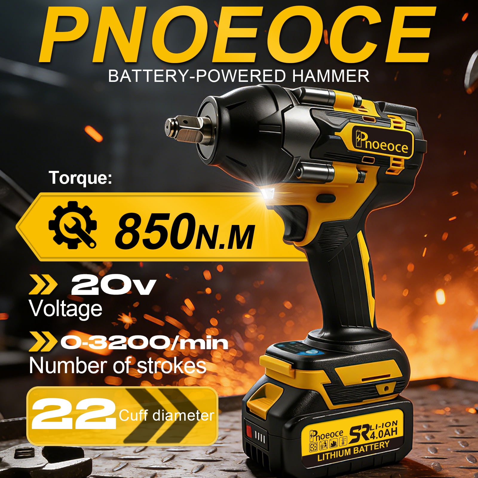 Pnoeoce Brushless Cordless Impact Wrench 20V High Torque 1/2 Inch Drive Power Tool Kit (Yellow, 2 Batteries and 4 Sockets) hq2x8