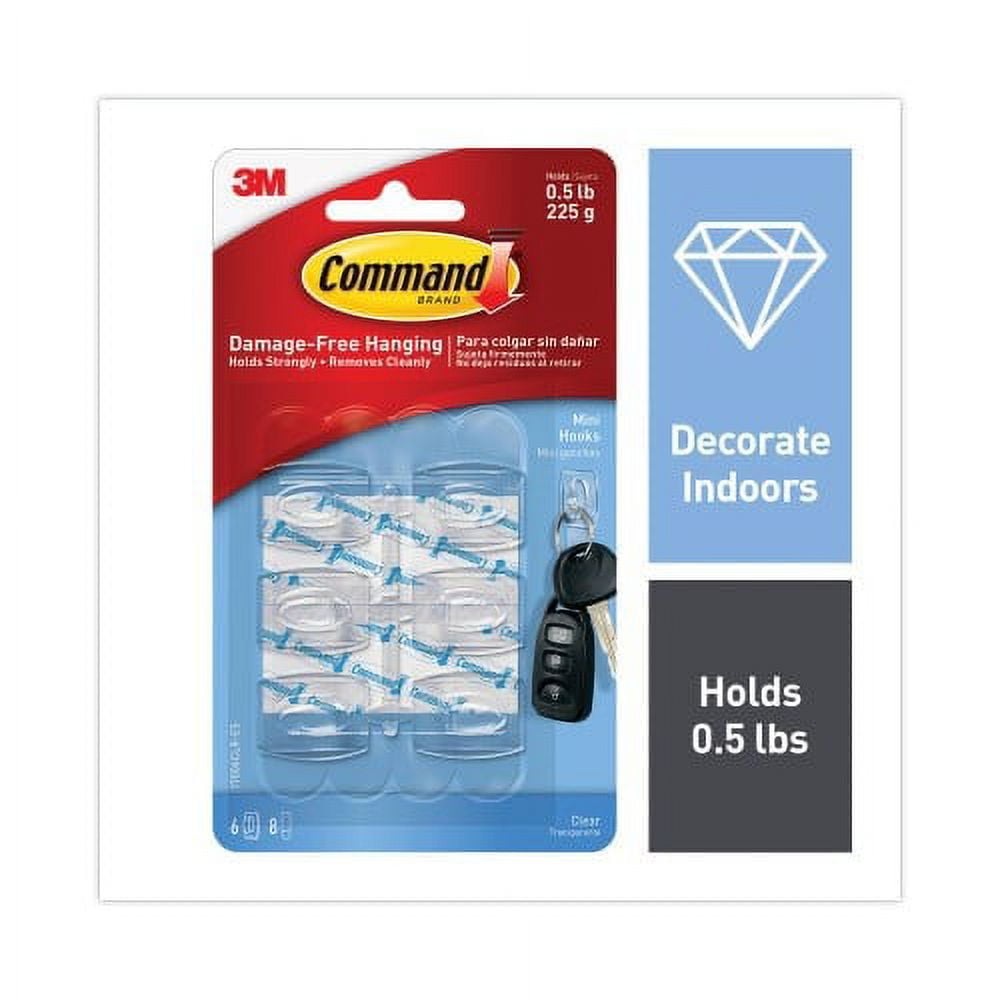 Command Mini Clear Adhesive Hooks with Strips (Damage-Free Hanging, 0.5 lb Capacity, 6 Hooks and 8 Strips) h1oqs