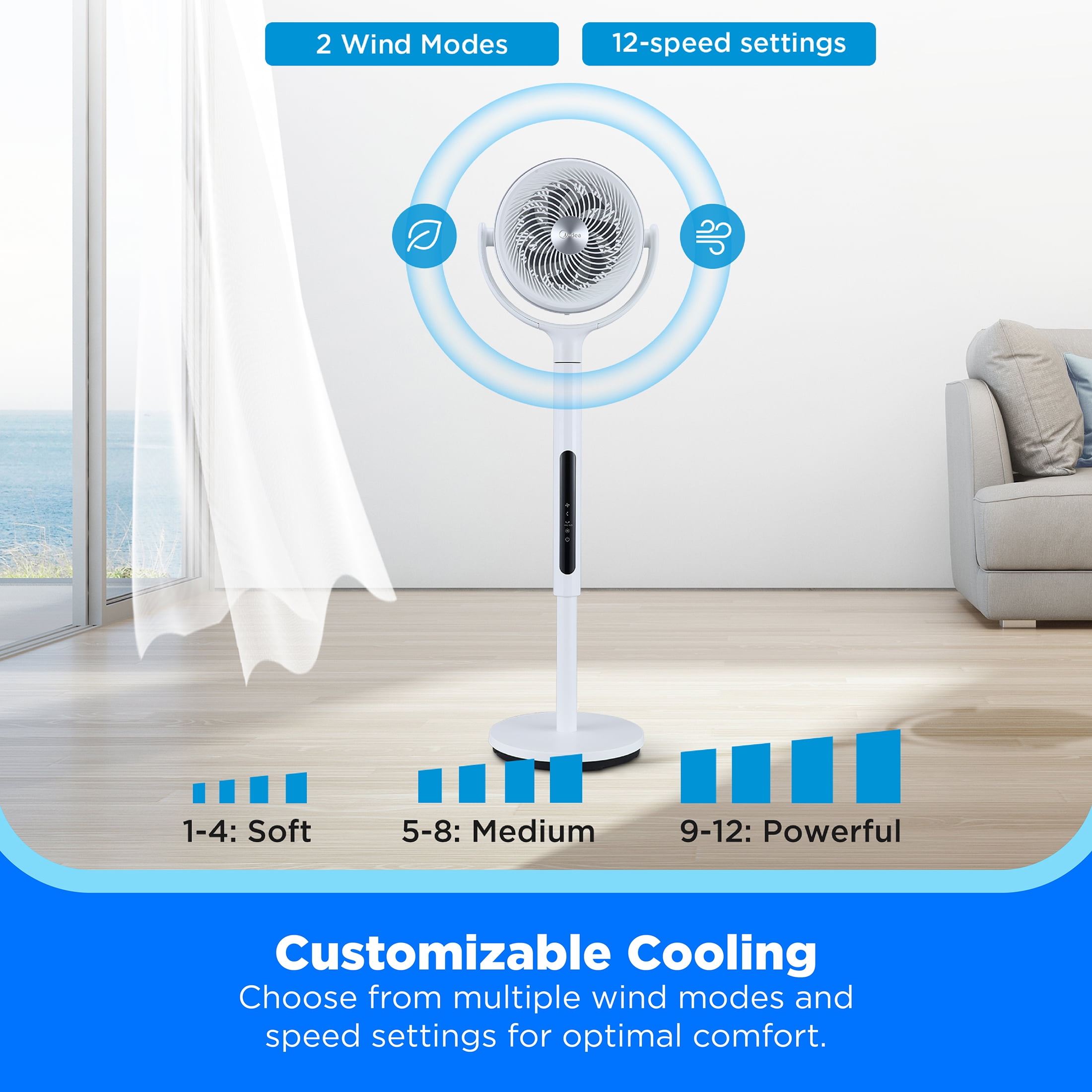 Midea Smart Pedestal Fan with Remote, 12-Speed Adjustable Height Oscillating Cooling Fan (White, 33.9-44.1 in) to45o