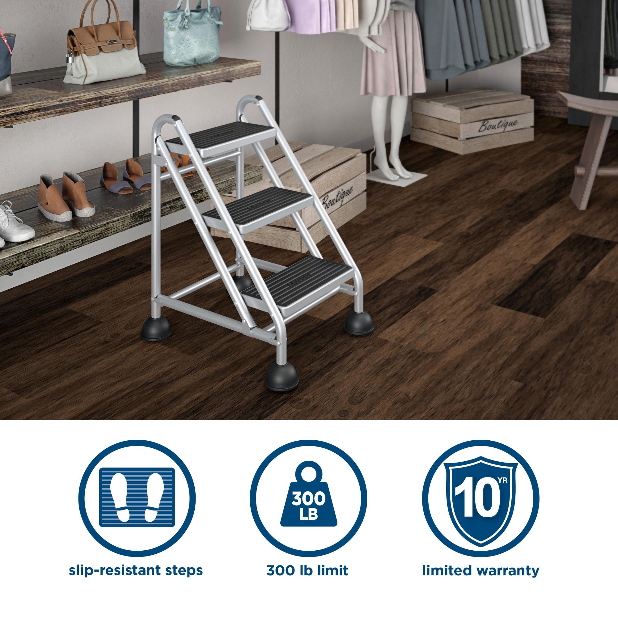 Cosco Rolling Commercial Step Stool Heavy-Duty Industrial Ladder with Slip-Resistant Steps (Grey, 7.8 ft Max Reach) l0coz