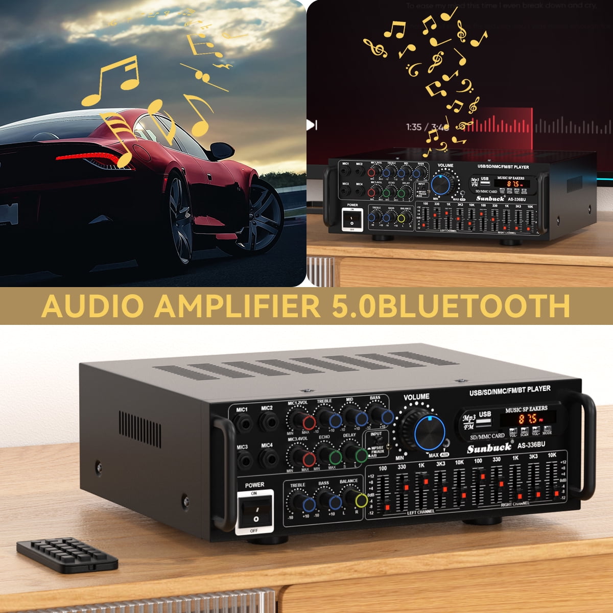 Topteng Stereo Receiver Amplifier with Bluetooth 5.0, 2000W HiFi Home Theater Audio System, 4 Mic Inputs, FM, USB, SD, AUX (Black, 11.4x3.7x9.4 in) dacqh