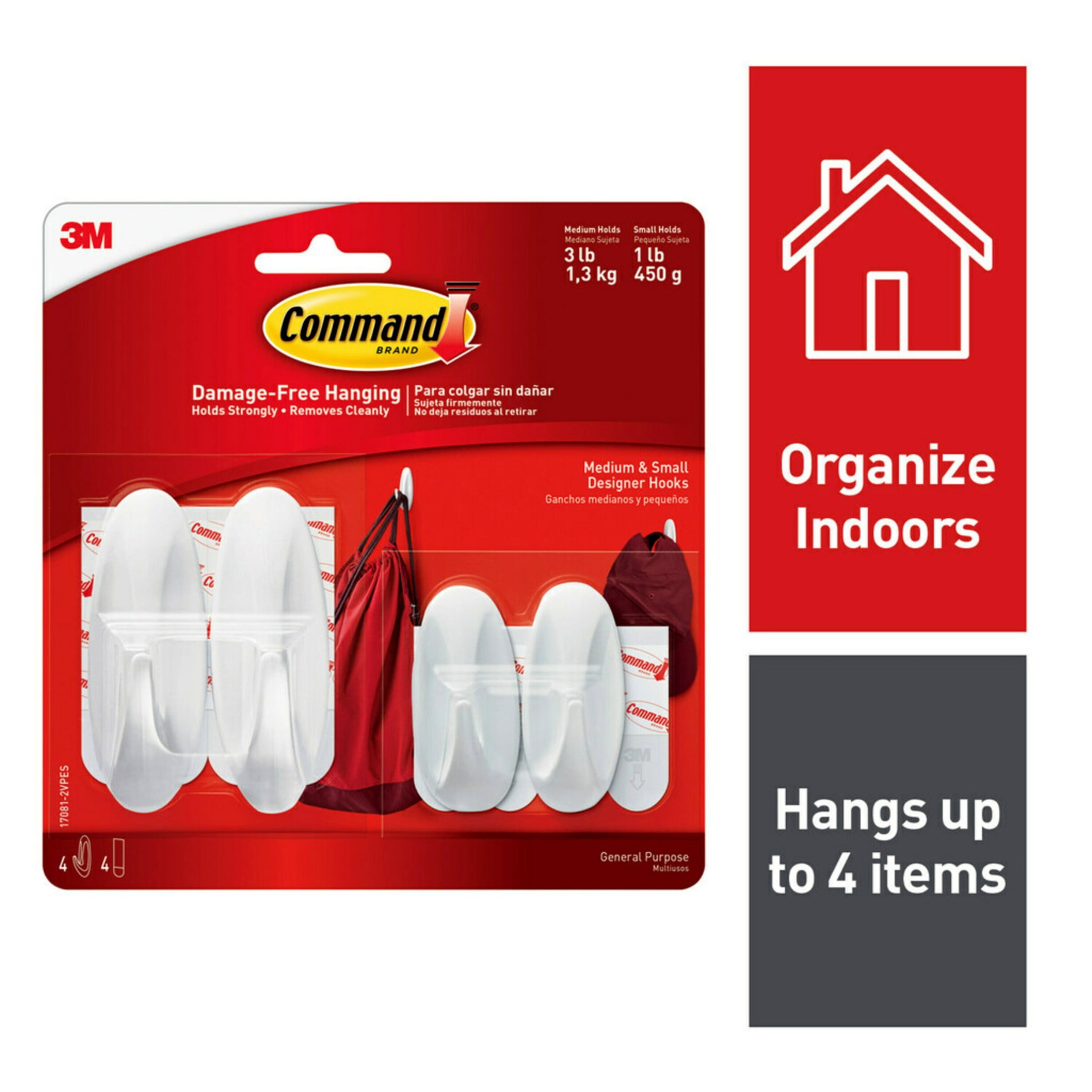 Command General Purpose Wall Hooks, Damage-Free Adhesive Hanging Set (White, 4 Hooks & 8 Strips) 6rp0l