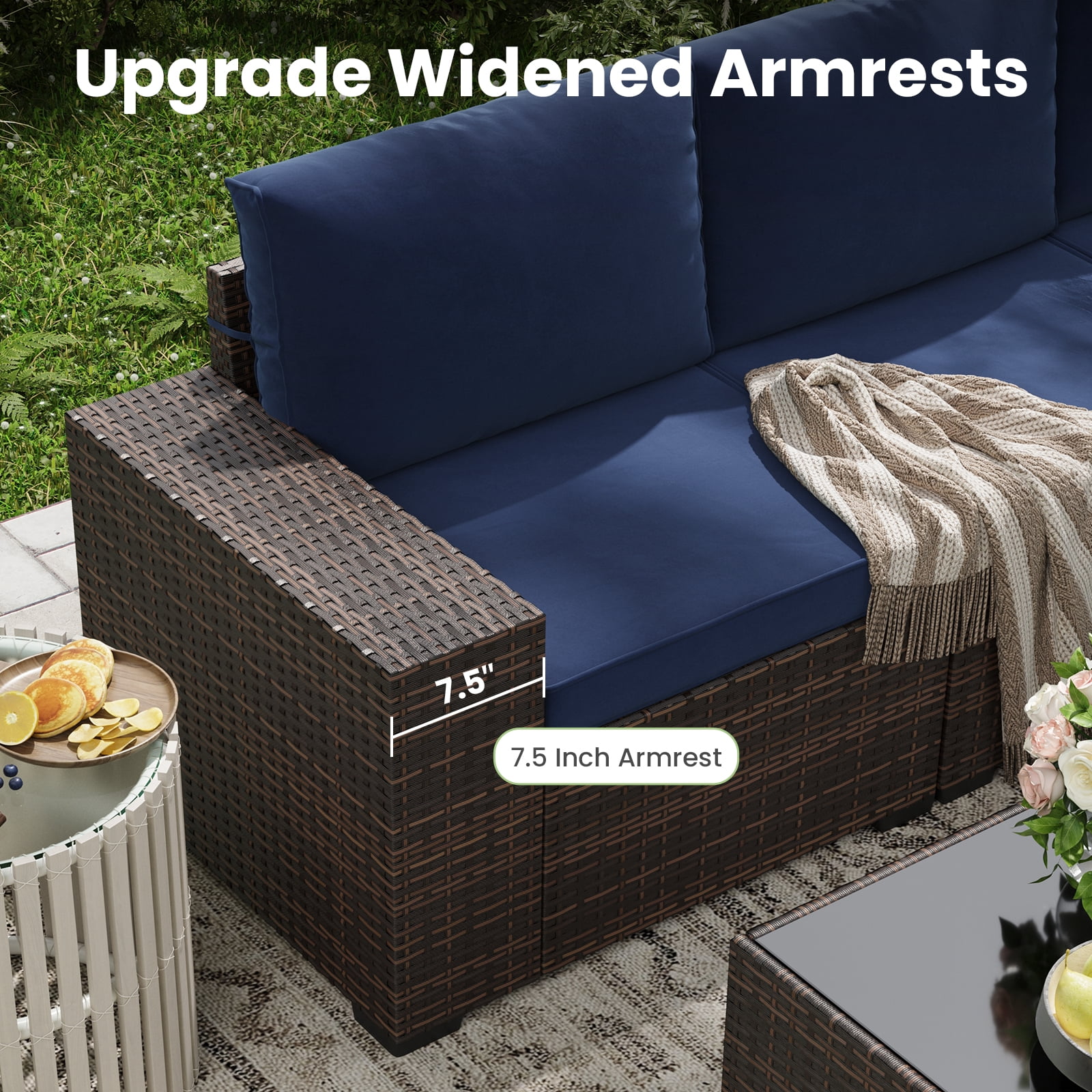 STARY 6-Piece Outdoor Sectional Sofa Set with Wide Armrests, PE Rattan Patio Conversation Furniture (Blue, 6-Piece Set) qf0g7