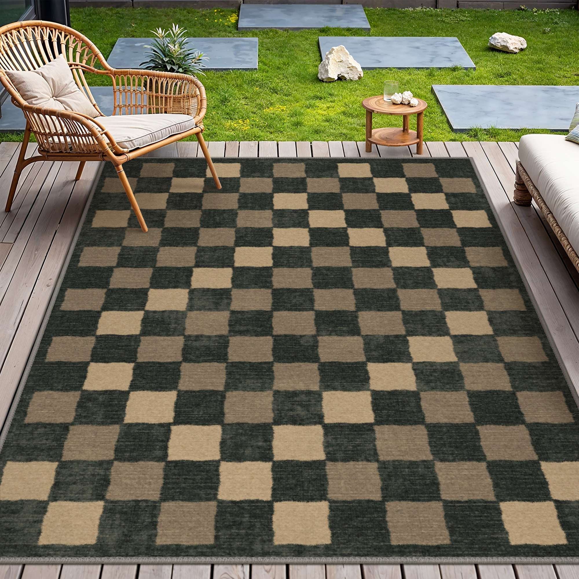 DEORAB Outdoor Rug, Chenille Patio Area Rug, Non-Slip Waterproof Camping Mat for RV and Deck (Blue Black & Brown, 8 ft x 10 ft) 3hcb2