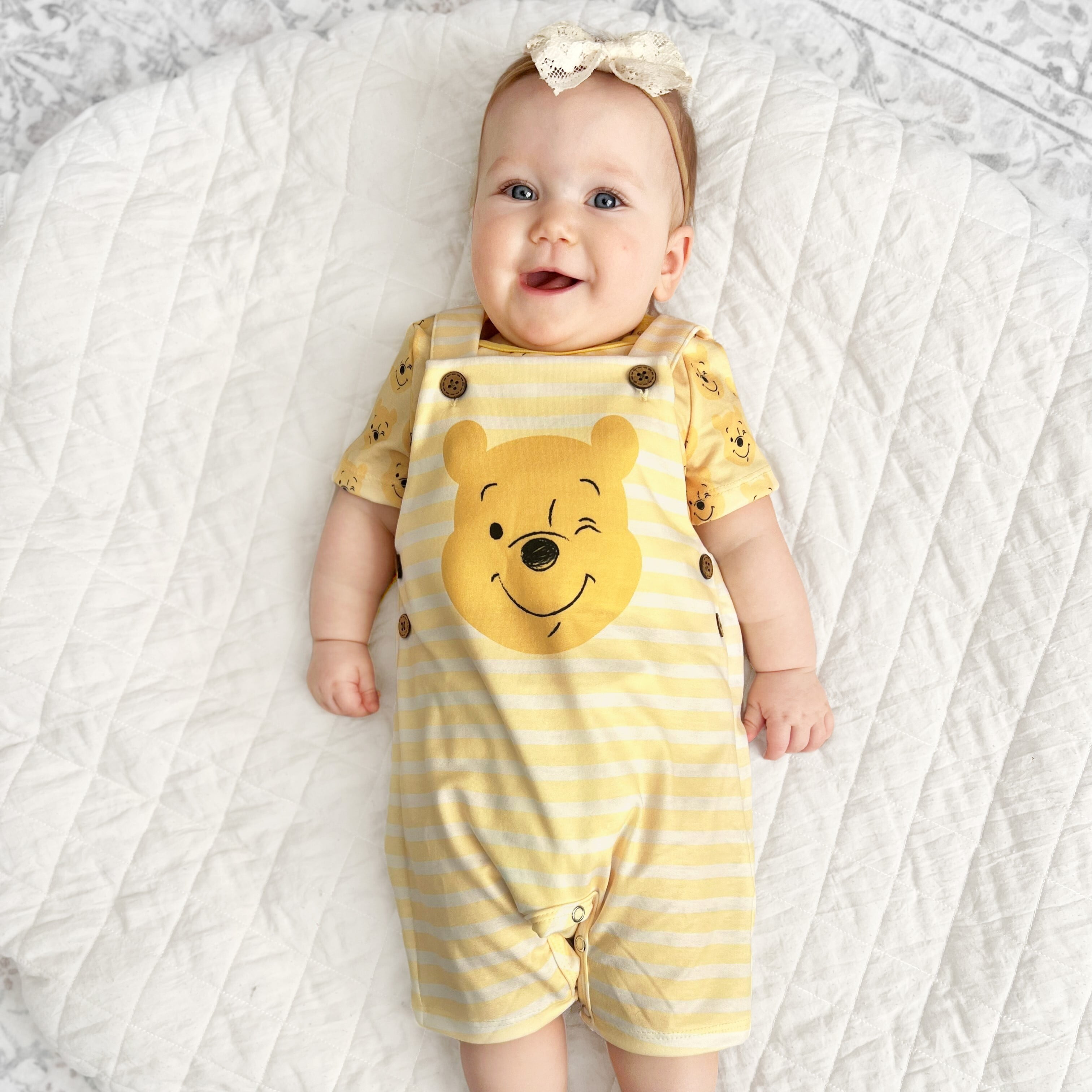 Disney Winnie the Pooh Baby 2-Piece Graphic Tee and Striped Overall Set (Yellow, 0-3 Months) fc9vu