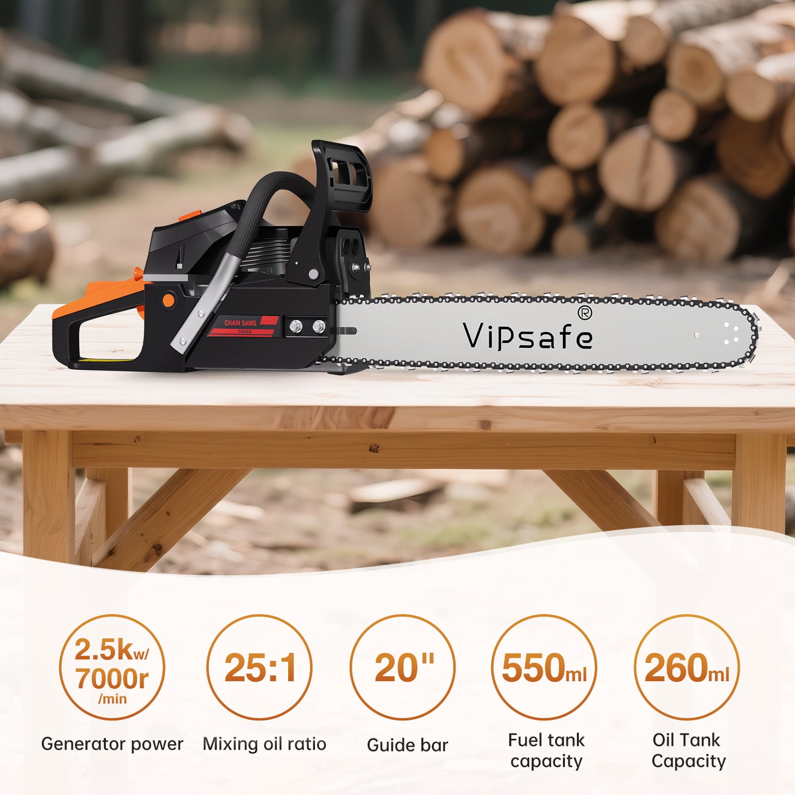 Vipsafe 58cc Gas Chainsaw, 2-Cycle Engine, Anti-Vibration, Heavy-Duty Tree Cutting & Wood Trimming (Red, 20 in) r7awt