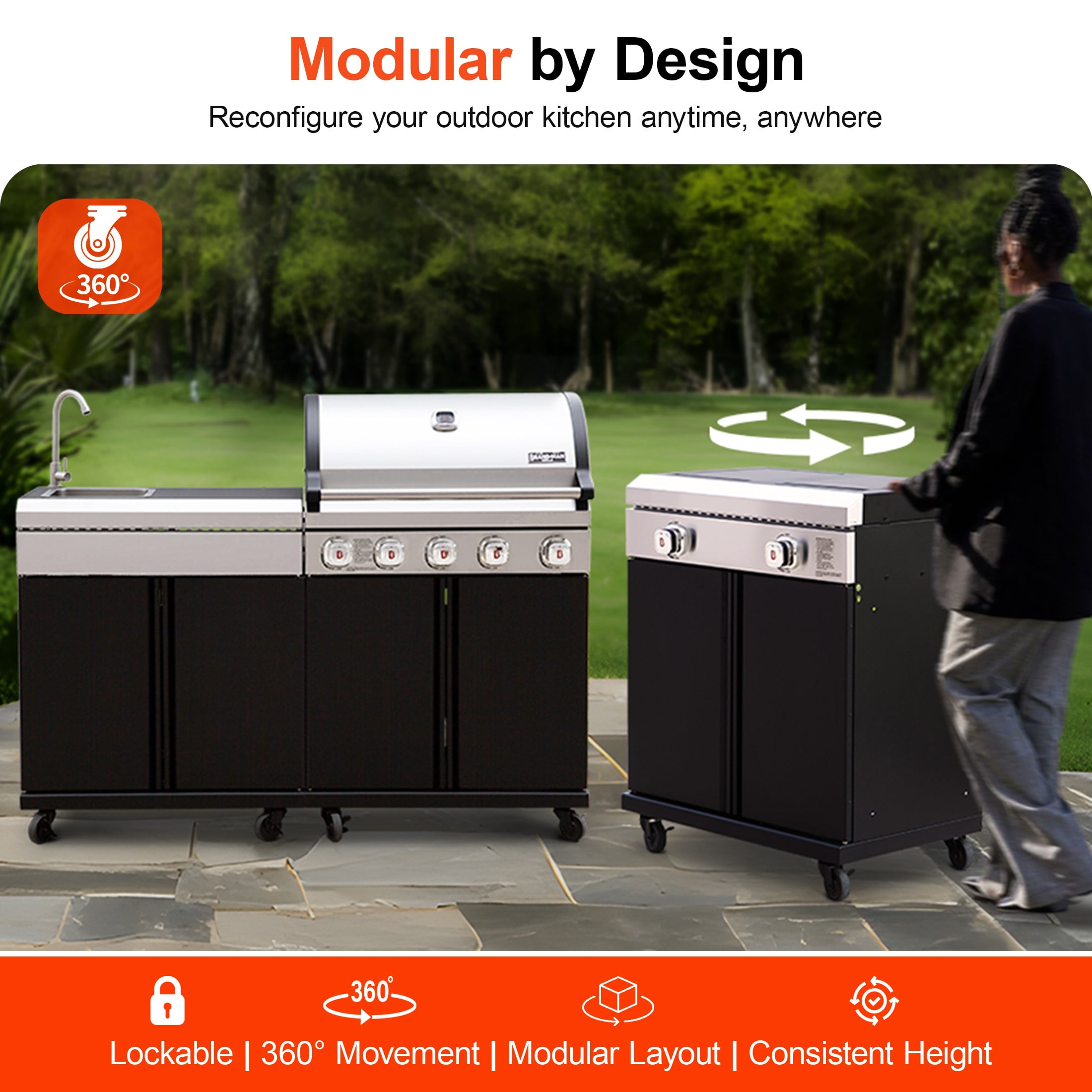 Brand-Man Outdoor Modular Island Kitchen Grill with Sink Station (Black, 90.4 in) bcge2