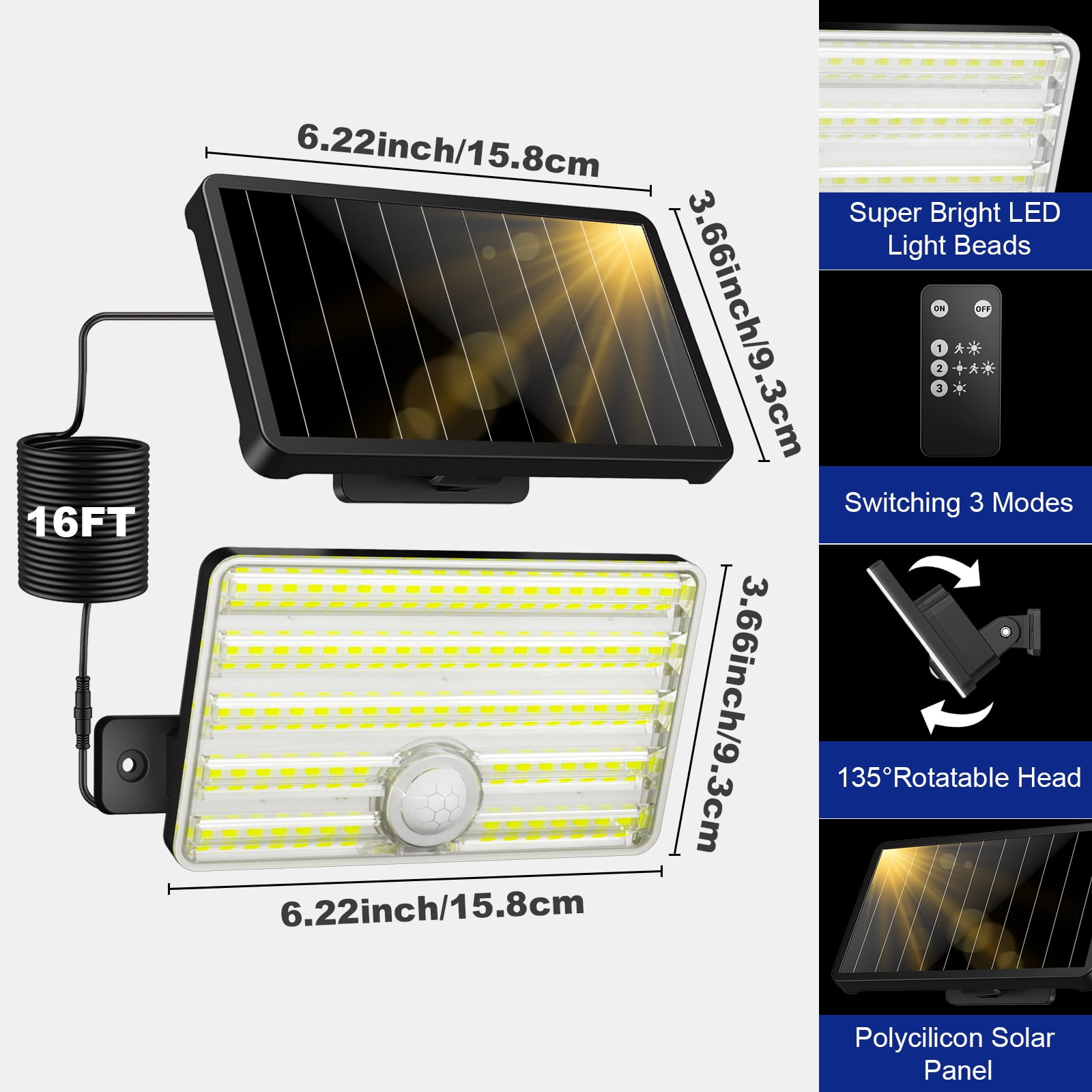 SZRSTH Solar Motion Sensor Lights Outdoor Security Flood Lights with Remote (2 Pack, 16.4 ft Cord) nuky1