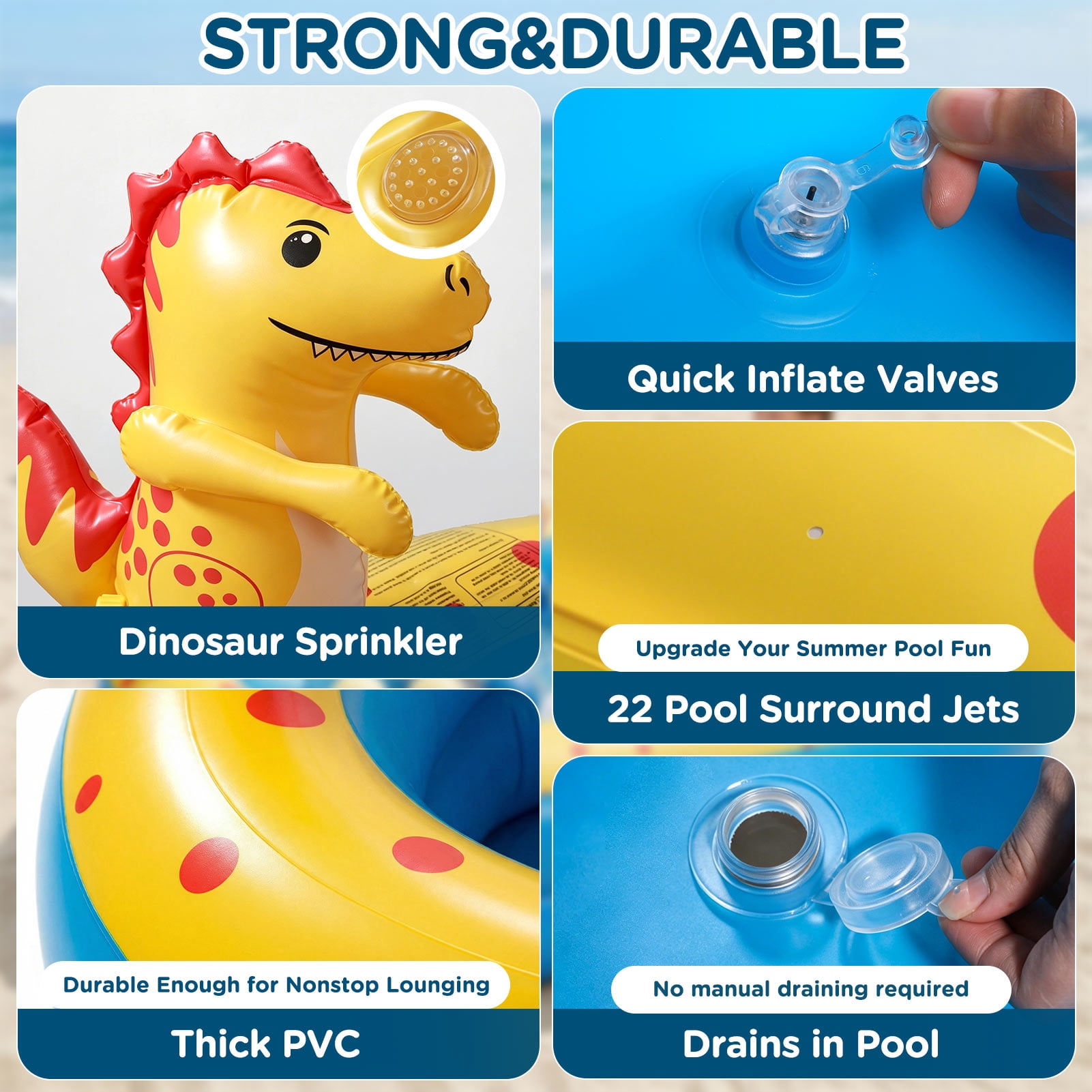 Livhil Dinosaur Inflatable Kiddie Pool with Sprinkler for Outdoor Summer Water Play (Green, 67 in x 41 in x 32 in) d79h6