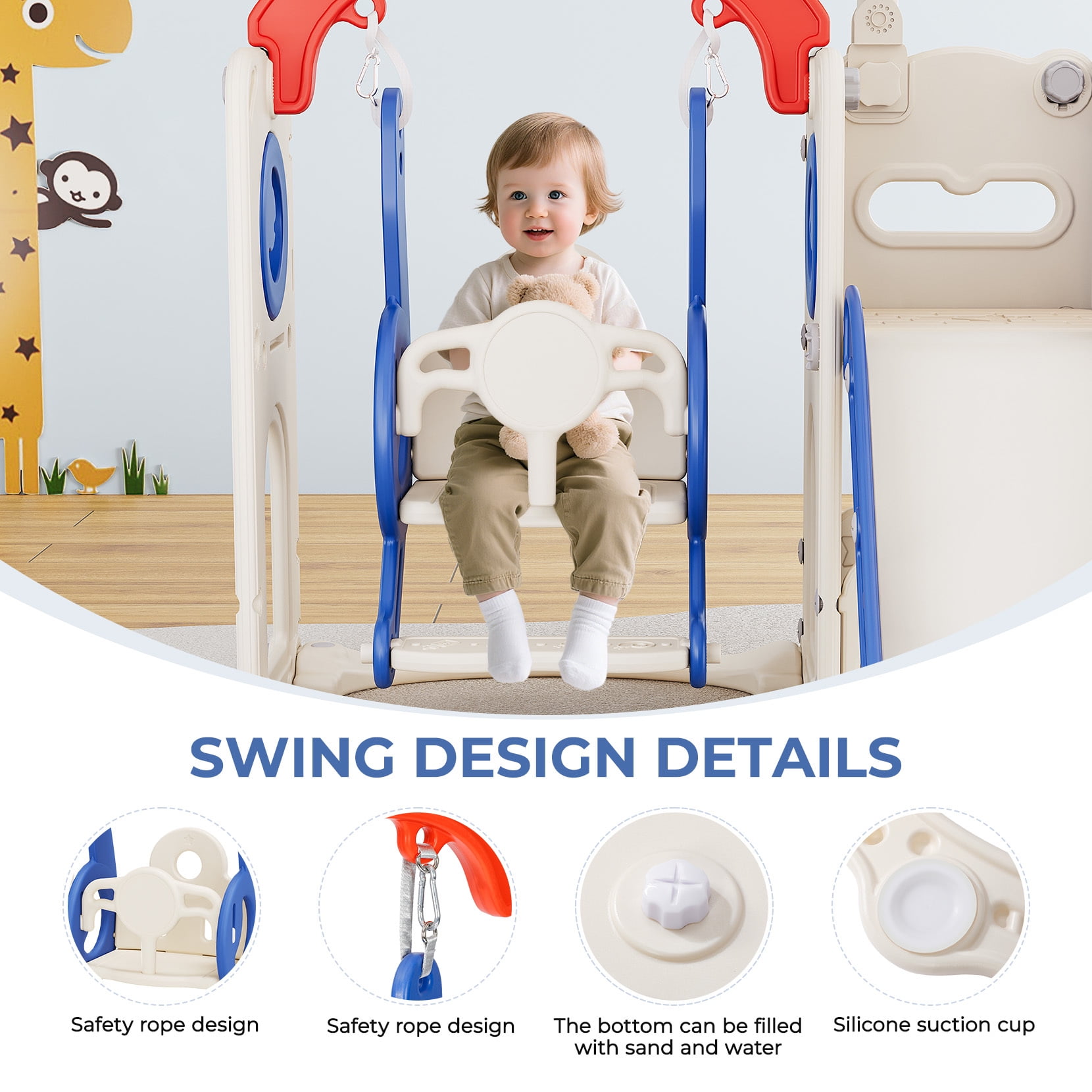 Bobiber 11-in-1 Toddler Playground Slide and Activity Center (Blue/Red, 1 Unit) gxwhr
