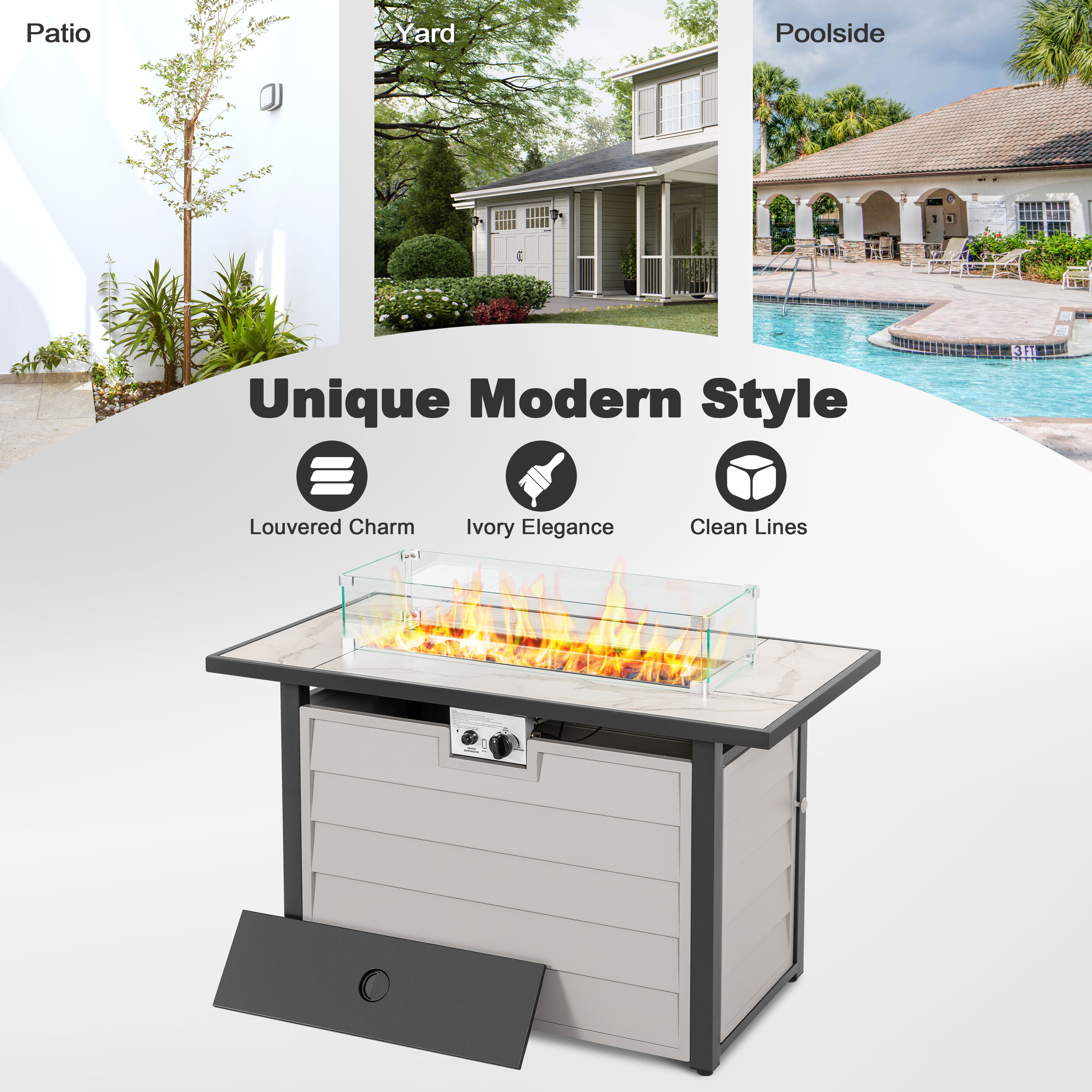 Nuu Garden 43 in Propane Fire Pit Table with Marble Texture Glass Top, 50,000 BTU Outdoor Gas Fireplace with Wind Guard and Lid (Ivory White, 43 in) 8llz3